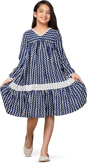 Fashion Dream Girls Fit & Flare One Piece Knee Length Dress | Fancy Western Frock for Kids