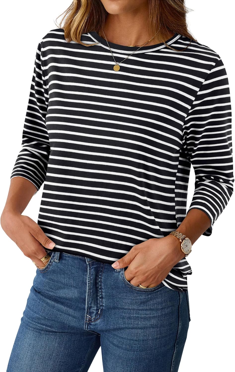LilyCoco Womens 3/4 Length Sleeve Tops Striped Boatneck Shirt Breton French Cotton Tees - Image 2