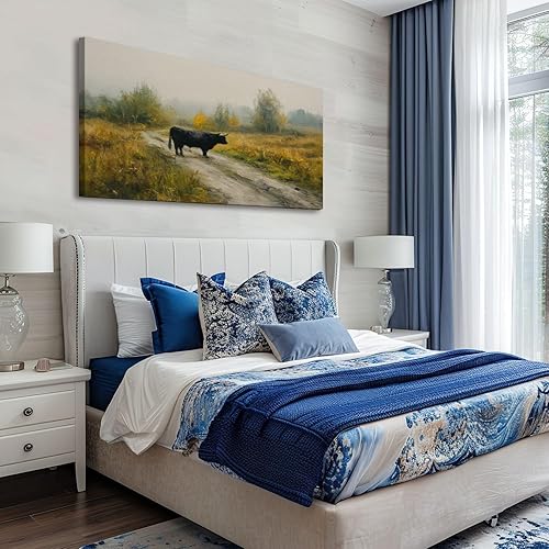 Miniatura 2 de 20"x 40" Fall Canvas Wall Art Highland Cow Vintage Vintage Landscape Autumn Rustic Moody Framed Pictures Painting Print Large Wall Art for Living