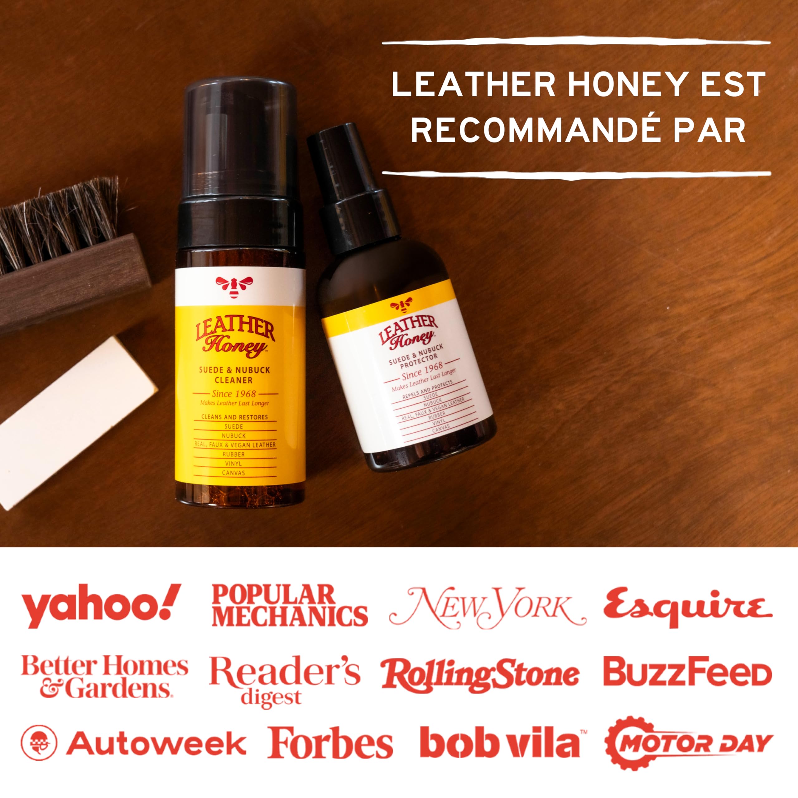 Kit d'entretien pour cuir, daim et nubuck : nettoyant, protecteur, brosse à daim et effaceur. Nettoie, protège et restaure chaussures, bottes, UGGs, meubles, vestes, sacs et vêtements. Toutes couleurs