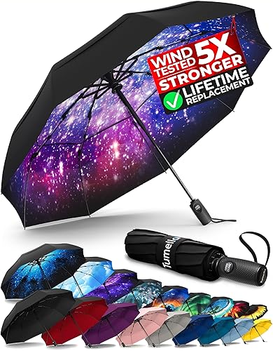 TUMELLA Strongest Windproof Travel Umbrella (Compact, Superior & Beautiful), Small, Wind-Tested, Light & Portable, Automatic Folding Rain Umbrella, Durable Premium Grip, Fits Car and Backpack