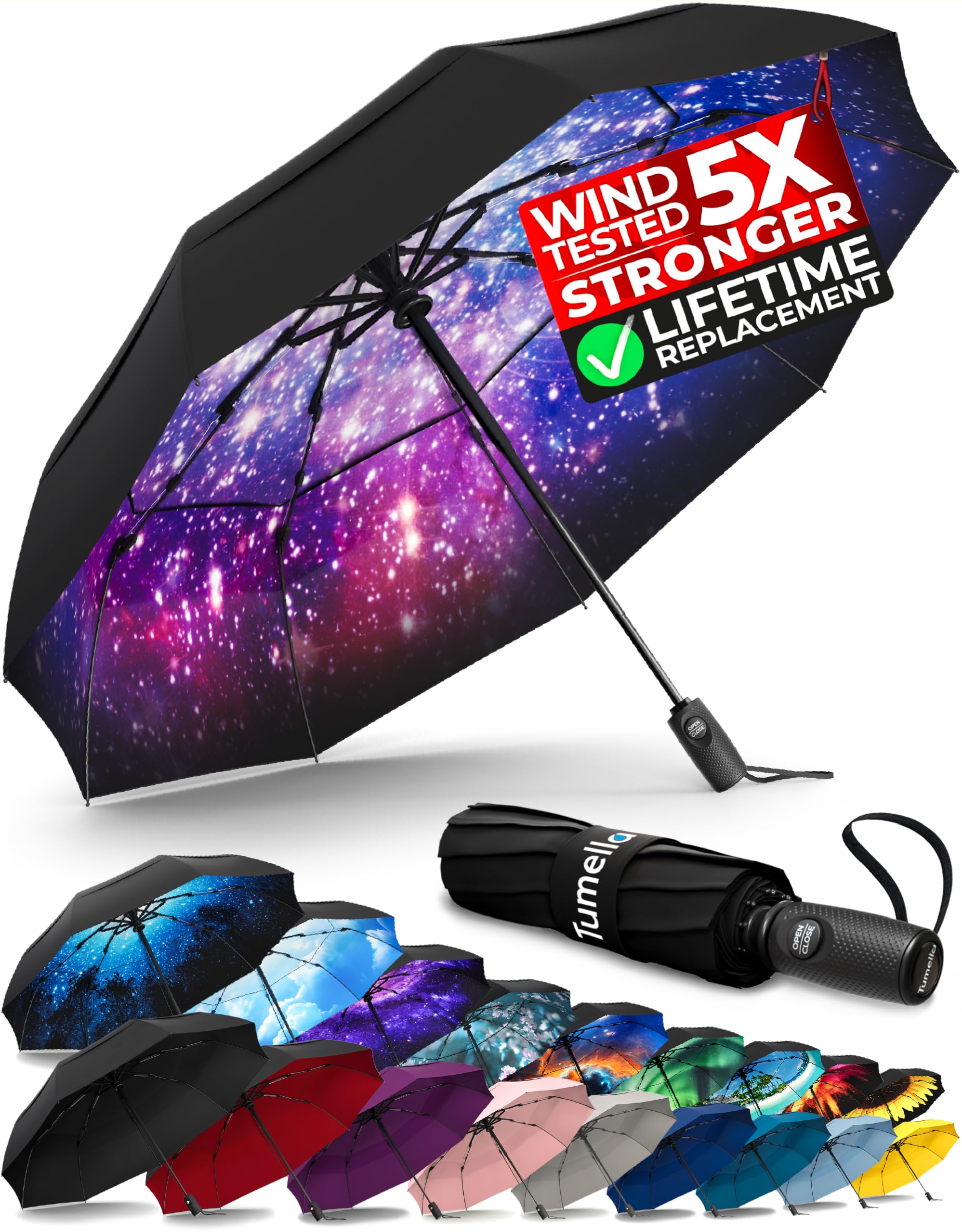 Strongest Windproof Travel Umbrella (Compact, Superior & Beautiful), Small, Wind-Tested, Light & Portable, Automatic Folding Rain Umbrella, Durable Premium Grip, Fits Car and Backpack