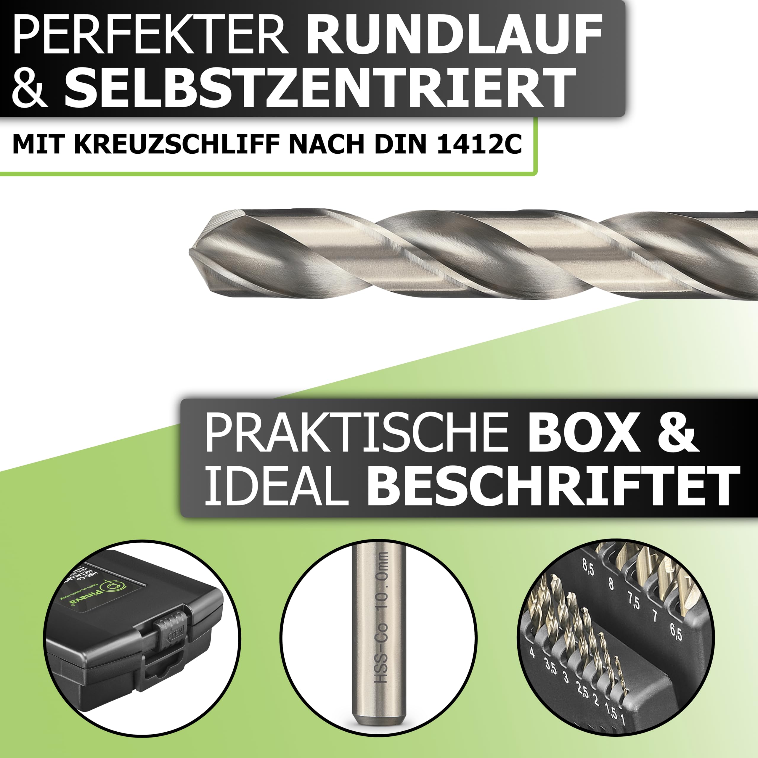 Pinava® Metallbohrer Set HSS Cobalt Pro [Extra Scharf & Robust] 19tlg. Profi Bohrer für Edelstahl, Stahl, Eisen etc. - Präzise Edelstahlbohrer selbstzentrierend, 1-10mm, 0.5mm Schritte