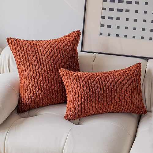 Miniatura 3 de Kevin Textile - Juego de 2 fundas decorativas cuadradas para cojines, de pana suave y moderno estilo campestre bohemio a rayas, decorar hogar, sofá,