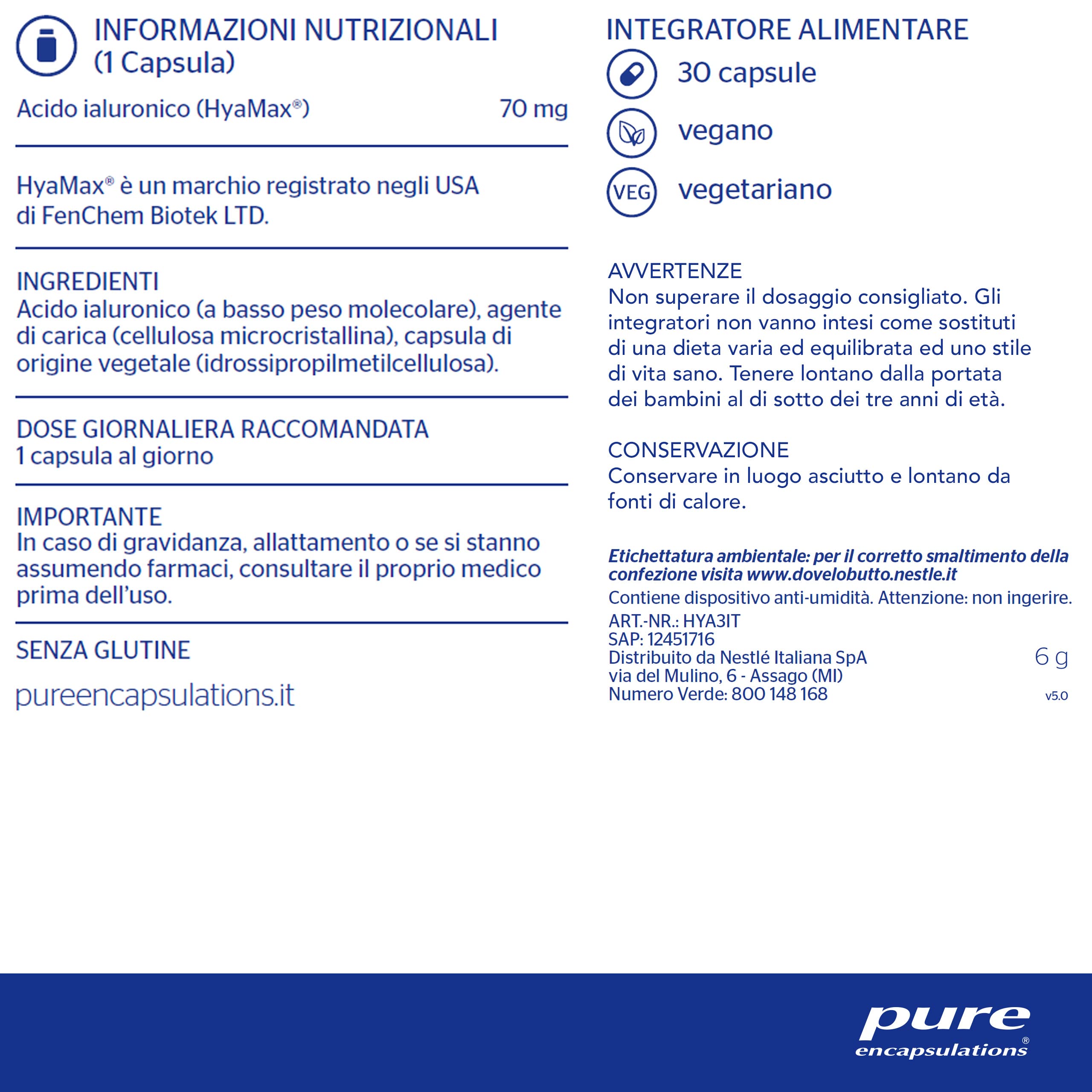 Pure Encapsulations - Acido Ialuronico – Integratore con Acido Ialuronico a Basso Peso Molecolare – Pelle e Articolazioni – 30 Capsule