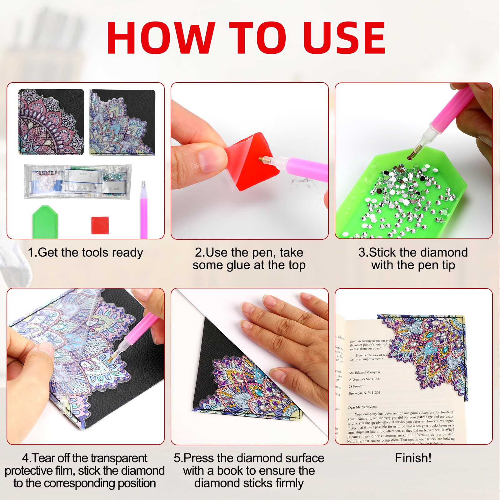 Kit 4 Marque-pages Diamond Painting 5D à Broder Soi-même - Avec Pompons - Loisir Créatif Pour Lecteurs, Cadeau