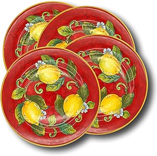 Italian Ceramic dinnerware set - Hand Painted kitchen Dishes sets for 4 - Made in ITALY Tuscany - Italian Pottery dinner plates - Home Decor Lemon red Background Ceramics dishes set - Service For 4
