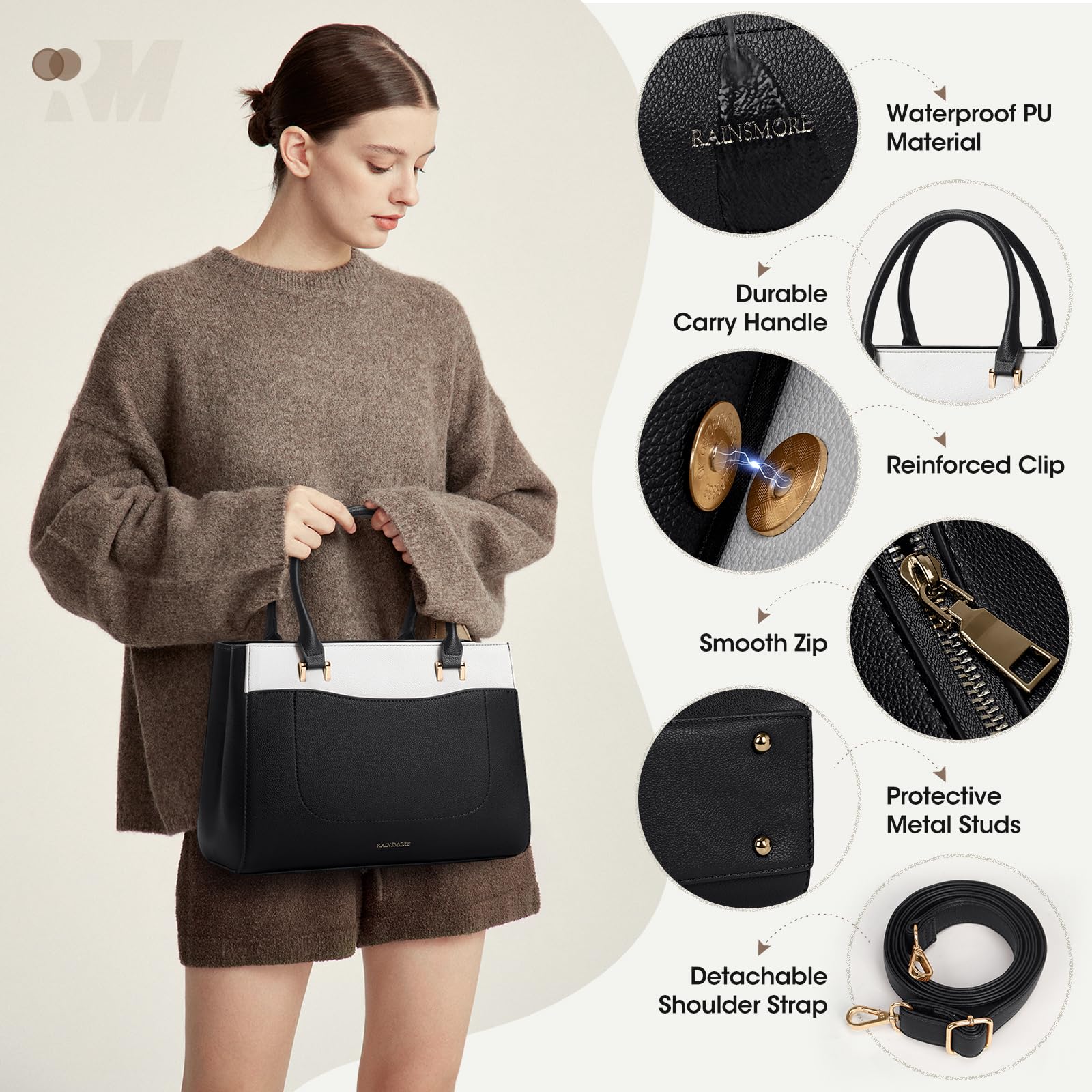 RAINSMORE Borsa Donna Borsa Mano Donna in Pelle Borse Borsetta Impermeabile Borsa Tracolla Media Molte Tasche Scomparti per Lavoro Università