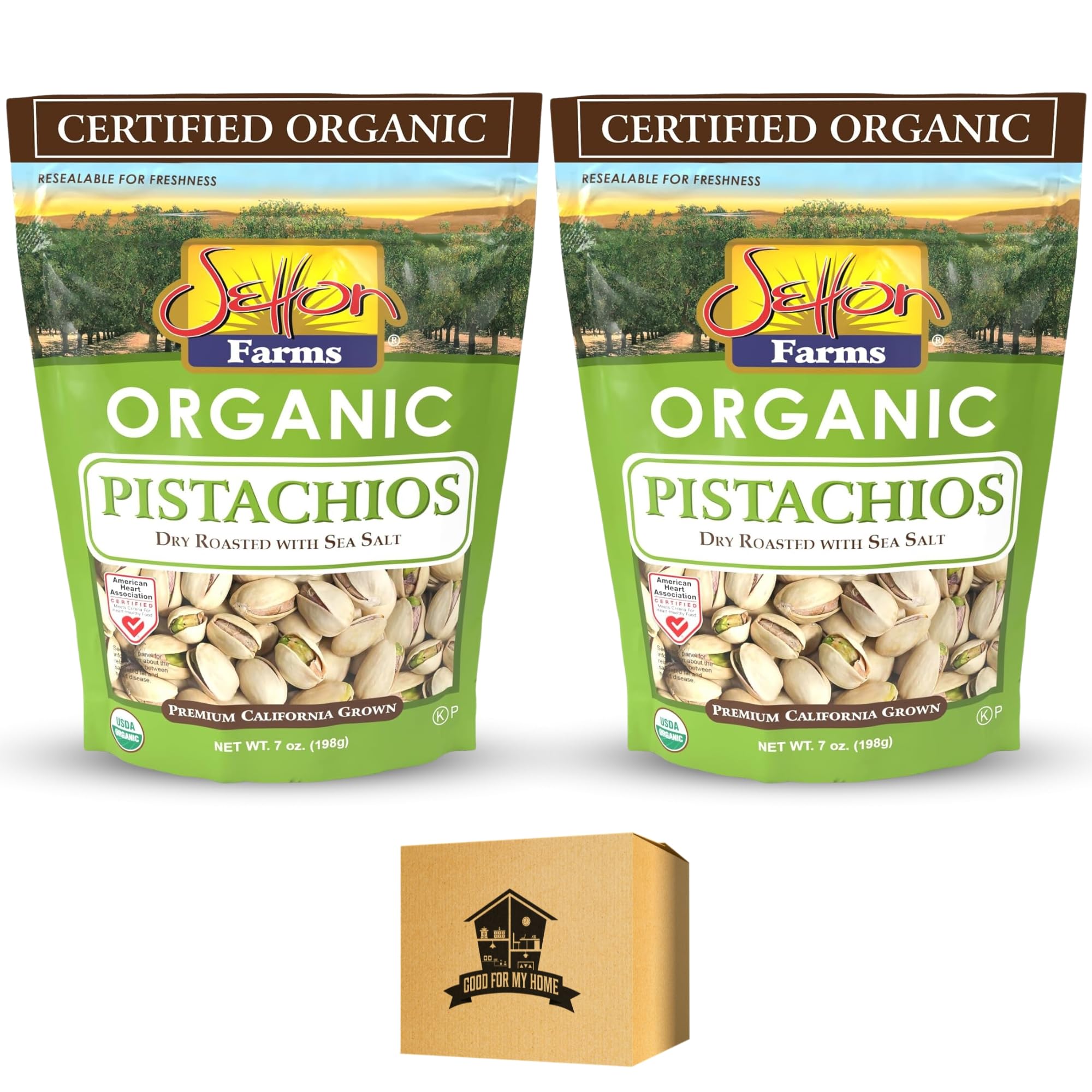 Organic Pistachios Bundle, Includes Two 7 Oz of Setton Farms Organic Dry Roasted Sea Salt Pistachios. Organic Shelled Pistachios, and Gluten Free Pistachios, Comes with a Good For My Home Box!