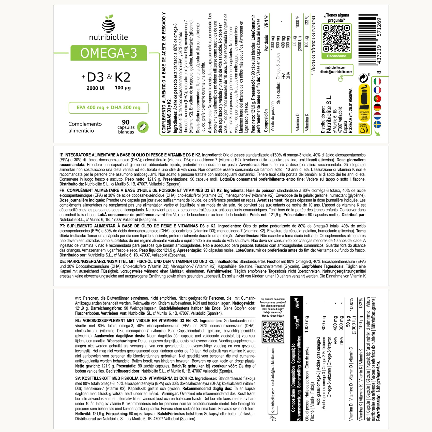 Omega 3 D3 K2 - Huile de Poisson 1000 mg - 80% d’Oméga 3 en triglycérides TG (EPA 400 mg + DHA 300 mg) + Vitamine D3 2000 UI et K2 MK-7 All-Trans 100 mcg - 90 capsules molles - 3 mois | Nutribiolite