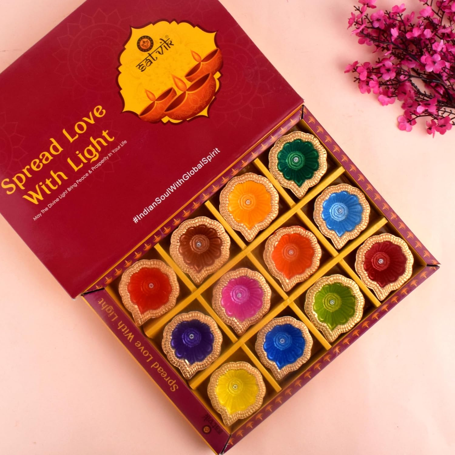 SATVIK 24 Pc Multicolor Clay Diya with Laxmi Charan Stickers Terracotta Dia Traditional Puja Vilakku Oil Lamp Natural Mitti Diya Diwali Navratri Pooja Décorations Indian Housewarming Return Gift Item