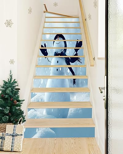 Miniatura 3 de FLFK Calcomanías navideñas para elevar escaleras – Muñeco de nieve con sombrero negro, bufanda y guantes extendidos en nieve, juego de 13, tamaño