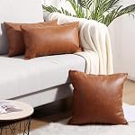 YAERTUN Set of 2 Lumbar Faux Leather Decorative Throw Pillow Covers Modern Solid Outdoor Cushion Cases Luxury Pillowcases for Couch Sofa Bed 12x20 Inches 30x50 cm Brown