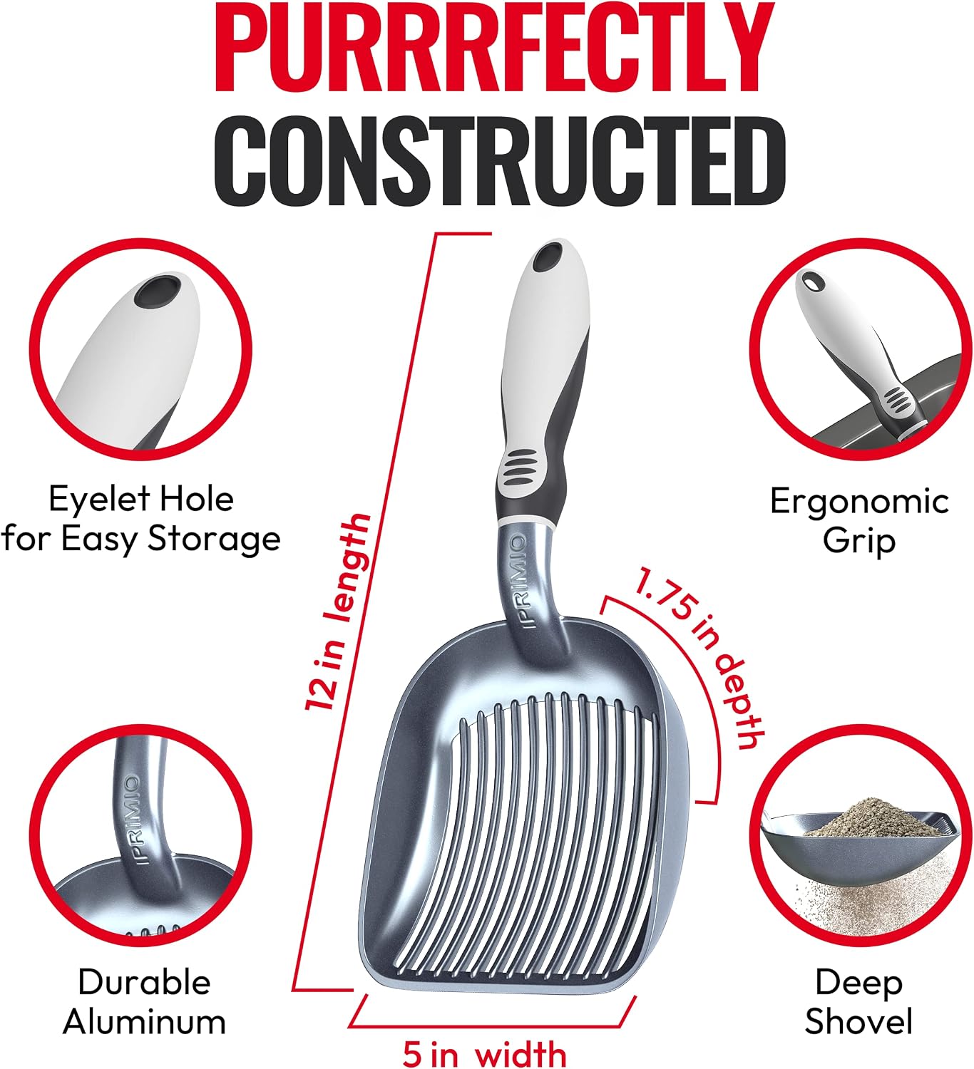 Sifter w/ Deep Shovel Cat Litter Scoop - Designed by Cat Owners - Durable Plastic Cat Litter Scooper for Litter Box - Lifetime Warranty. Solid Strong Handle. By iPrimio. Patented Kitty Litter Scoop