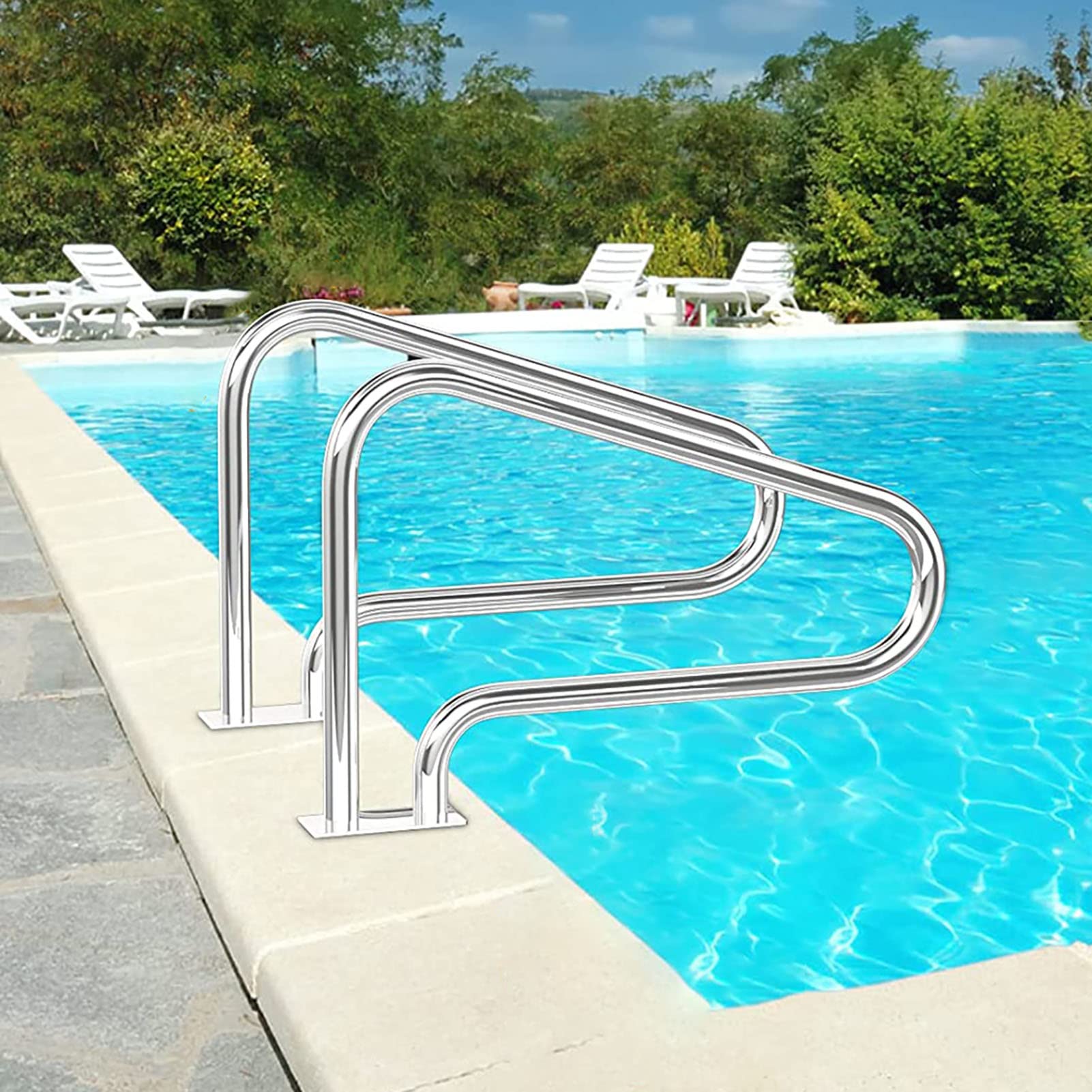 Rampe de piscine en acier inoxydable 304 argenté avec poignée nylon bleu