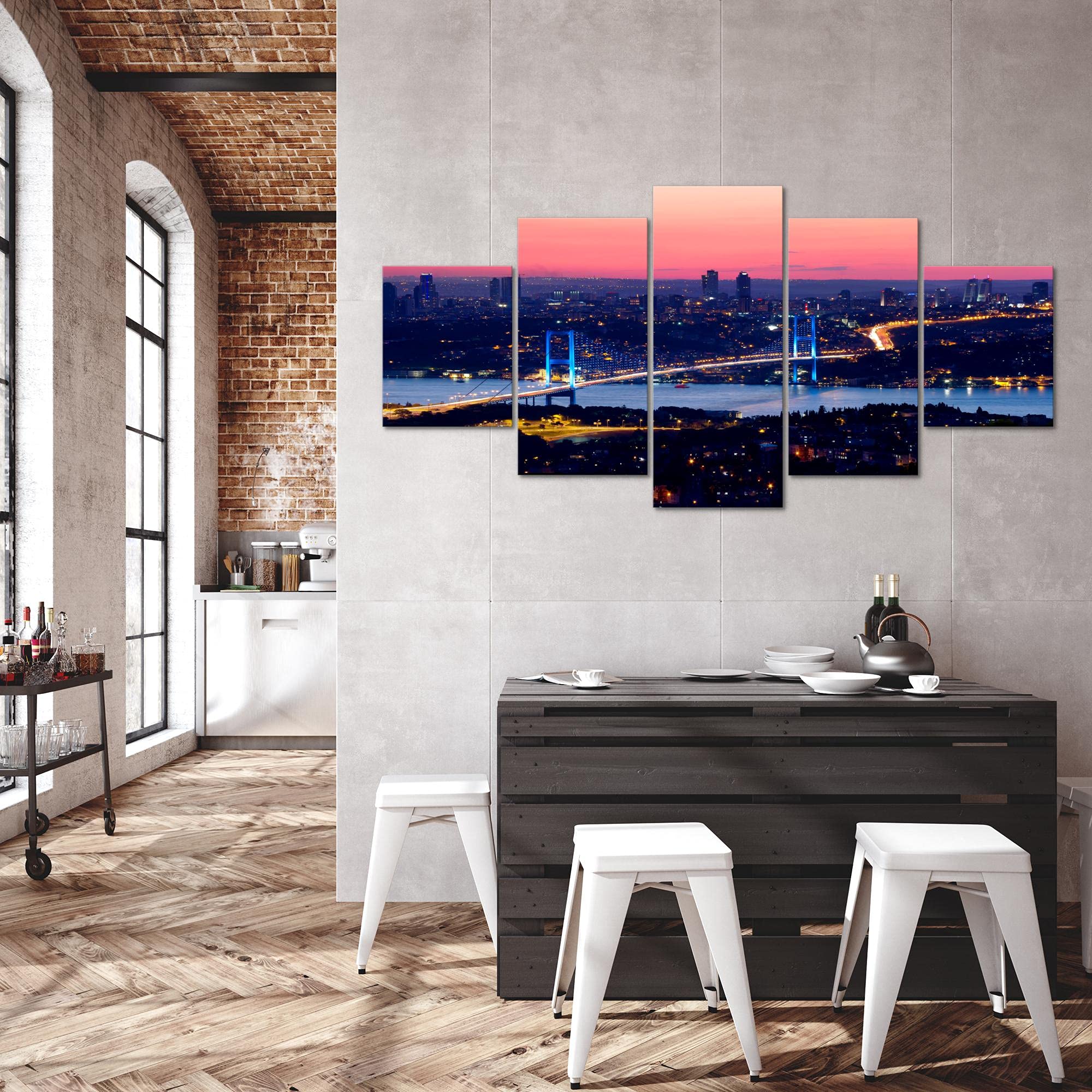 Runa Art - Tableau Istanbul Turquie 200 x 100 cm 5 Parties XXL Decoration Murale Dessin Bleu 603851a