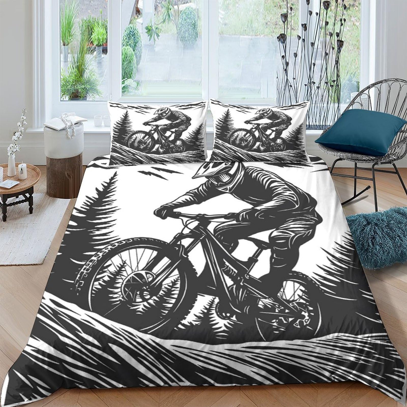 Ctjqhvkz Style-8 3D Printed Mountain Biker Fitted Sheet Microfiber Soft Breathable Forest Trail Bed Cover For Bedroom Dorm Decor Single（135X200cm）