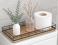 Focusonit Acacia Wood Toilet Tank Tray Organizer - Black Metal Frame Basket for Toilet Paper, Essentials, Modern Bathroom Counter Storage 13x6.5"