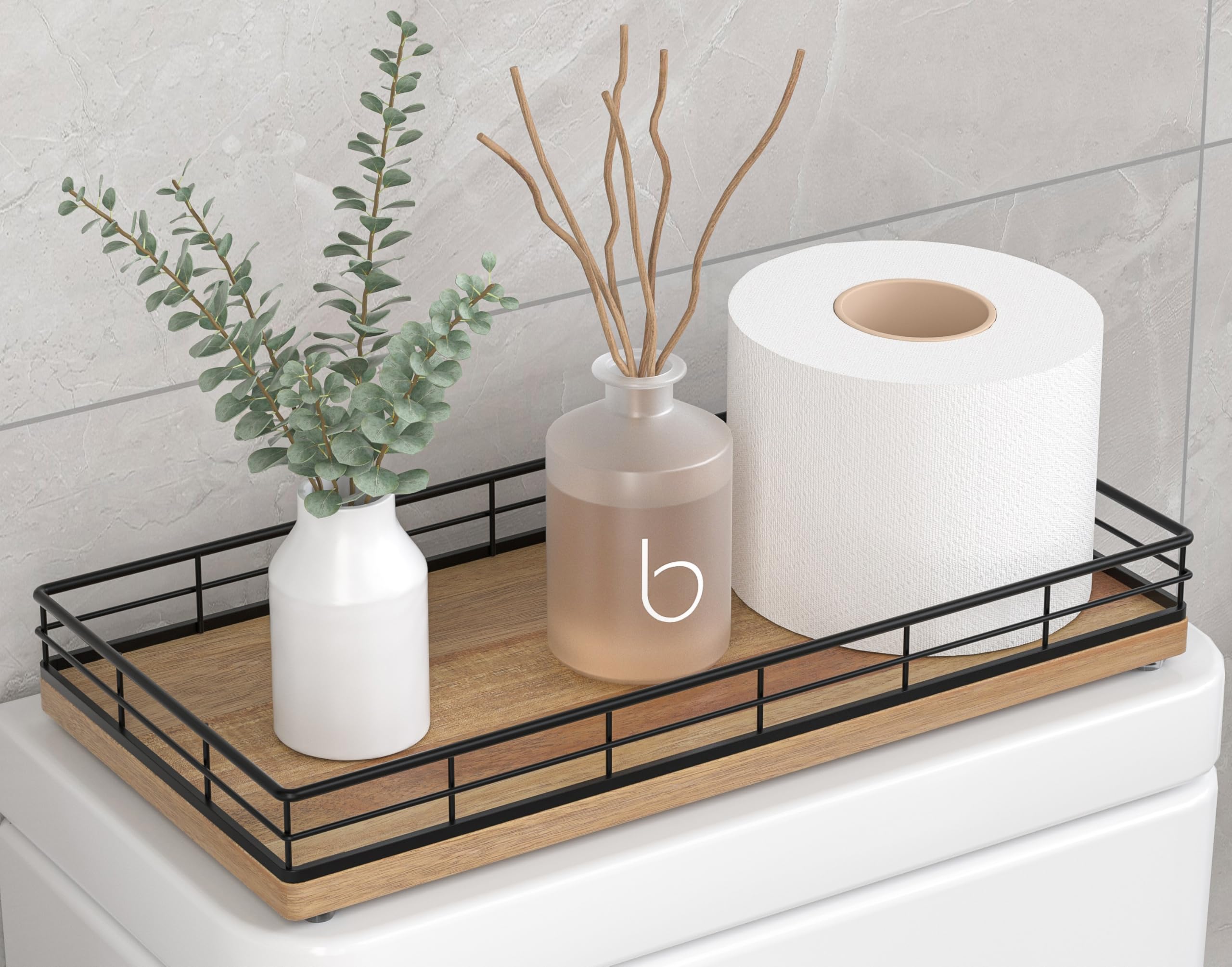 Toilet Paper Basket Organizer, Acacia Wood Toilet Tank Tray, Metal Frame