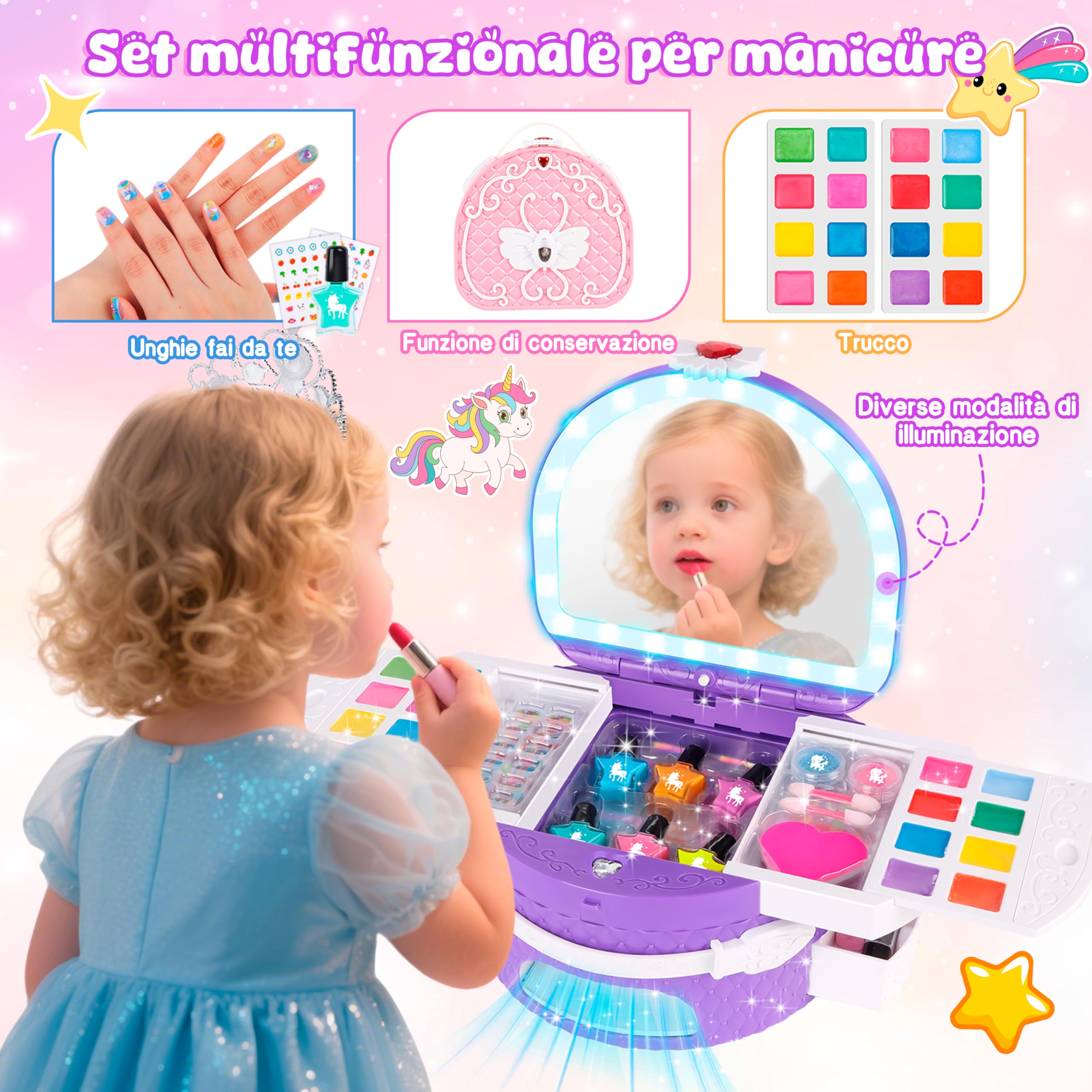 Herenear Kit Unghie Bambina 6-12 Anni, Trucchi Bambina Kit Unghie con Unghie Asciuga, Peel Off Smalto per Unghie, Adesivi Compleanno Manicure Gioco Regalo Ragazza (Viola)
