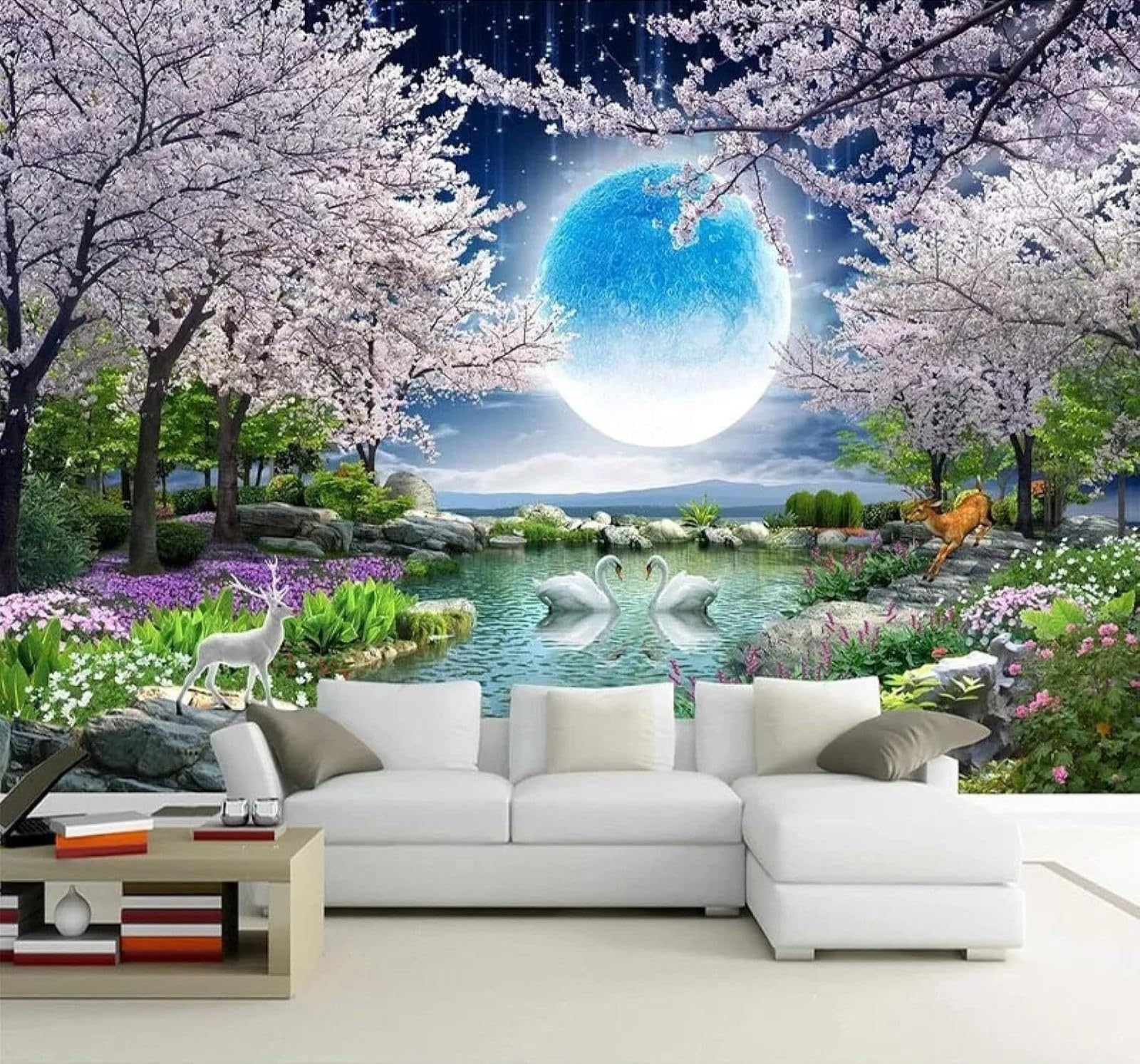 Xlming 150Cm×105Cm(B×H) Moon Cherry Blossoms Trees Swans Landscape 3D Wallpaper Luxury Home Dining Decor Paste Sofa Living Room The Wall For Bedroom Mural-150Cm×105Cm