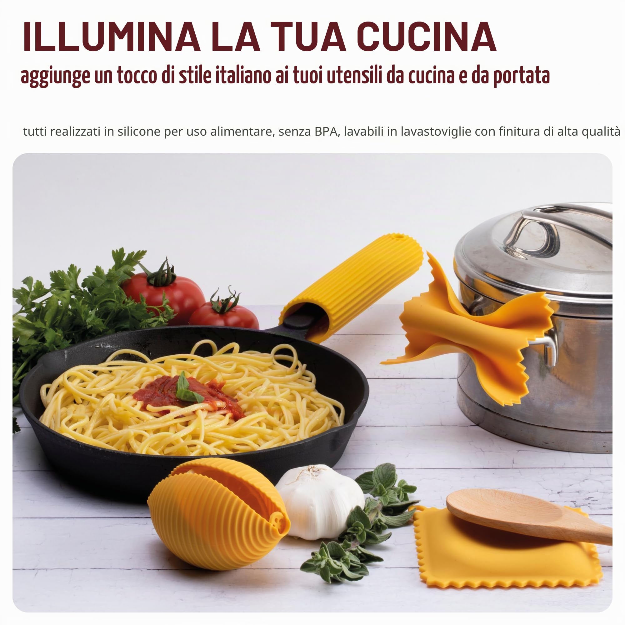 Monkey Business Utensili da cucina in silicone in confezione regalo/4 gadget da cucina a forma di pasta grande/impugnature per farfalloni, poggiamestolo per ravioli, spremiagrumi e impugnatura per