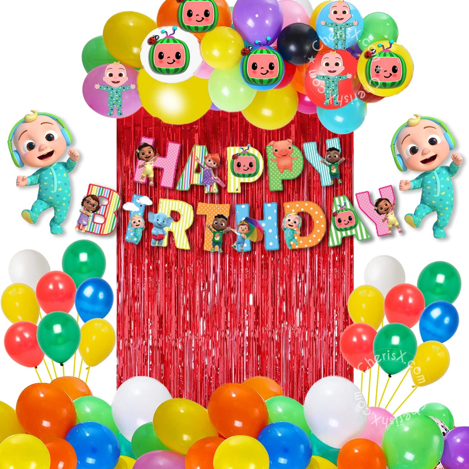 CherishX.com Cocomelon Theme Party Decoration Items for Kids Birthday - Pack of 57 Pcs - Bunting, multicolor balloons - Red Curtain