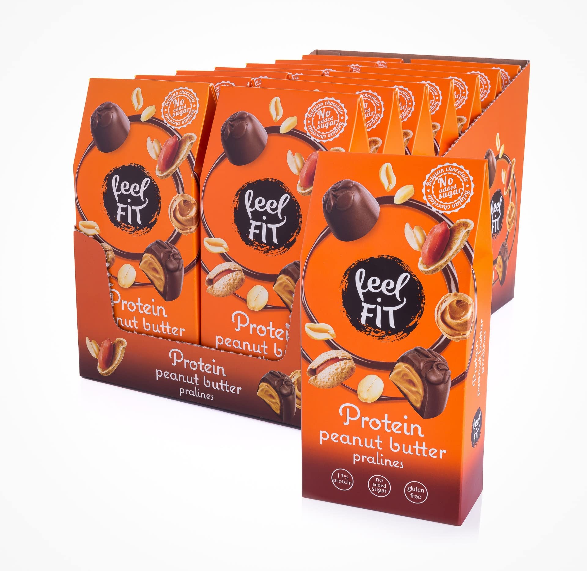 Feel FIT Protein Erdnussbutter-Pralinen in hochwertiger Milchschokolade, ohne Zuckerzusatz, 17% Eiweiß, glutenfrei, 14-er Pack (14 x 66 g)
