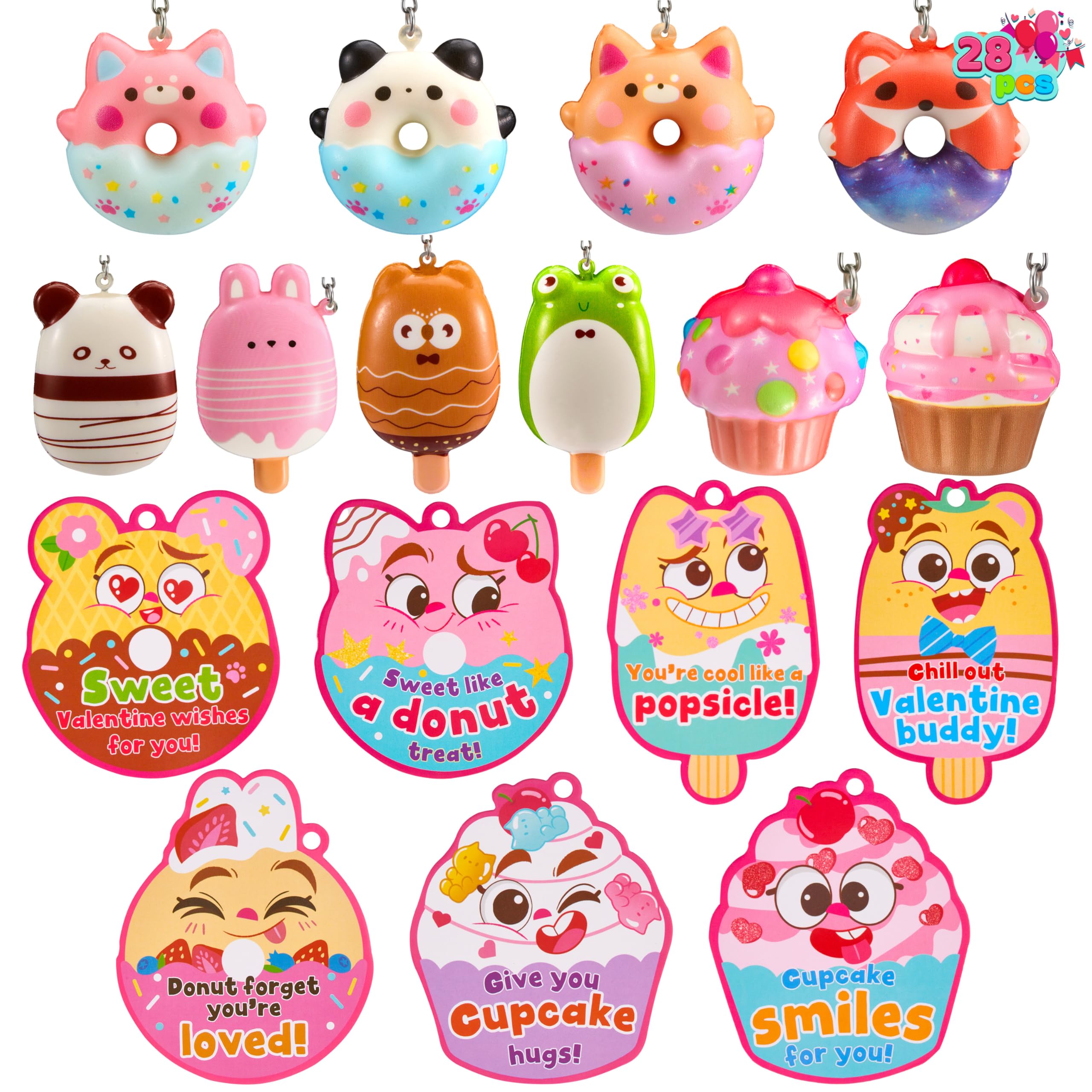 JOYIN 28 Packs Valentine Dessert squishy toys Stress Relief Keychains with Cards for Classroom Exchange Prizes, Fidget Toy Valentine’s Greeting Cards, Valentine Party Favors, Exchange Gifts: Cute
