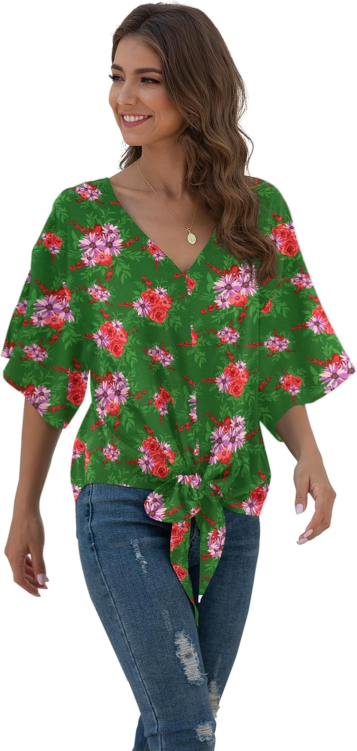 VIISHOW Womens Tie Front Chiffon Blouses V Neck Batwing Short Sleeve Summer Tops Shirts - Image 3