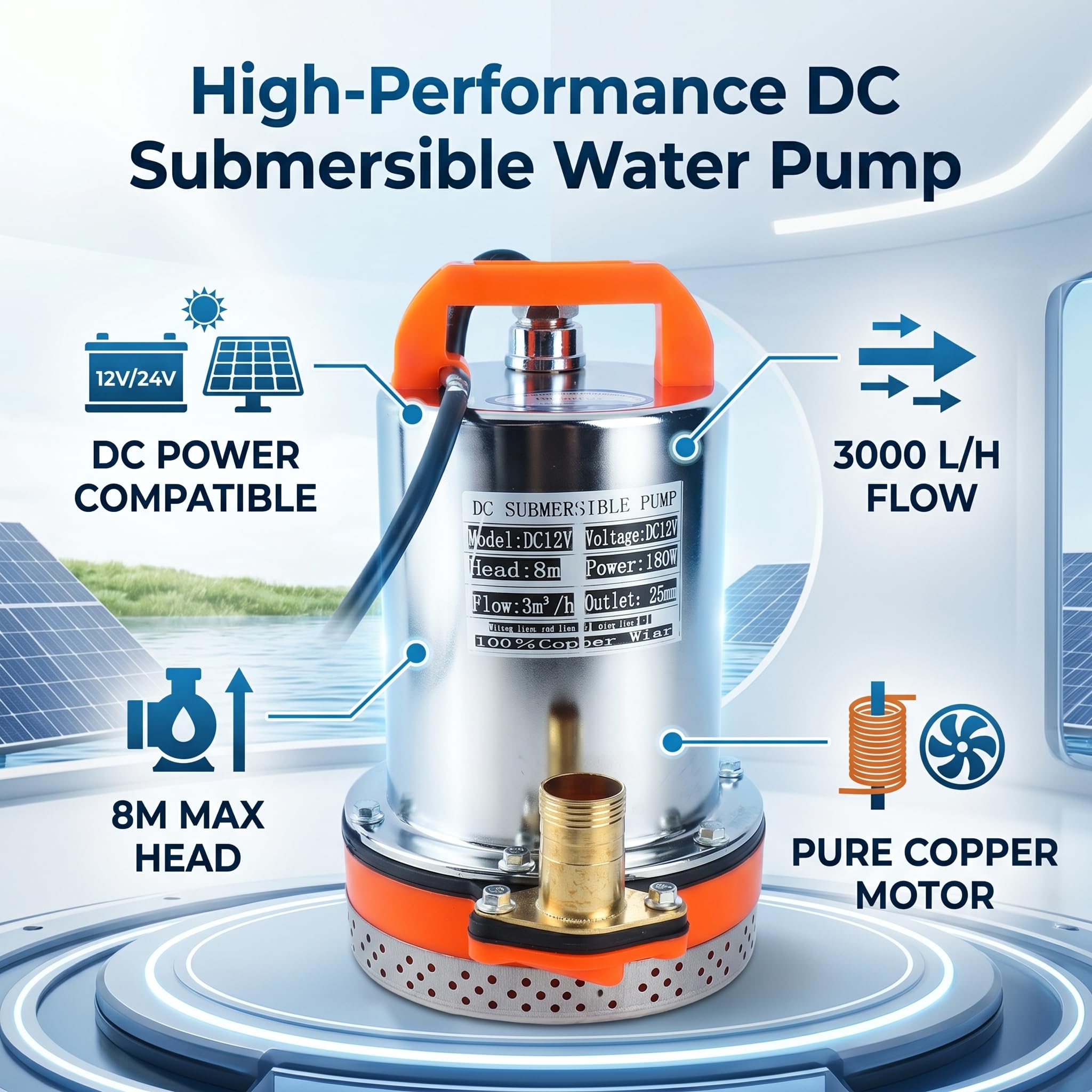 Pompa Sommergibile DC 12V Pompa Ad Acqua Solare Pompa Ad Acqua Sommergibile Solare a Piccola Batteria Ideale per Irrigazione, Acquacoltura e Drenaggio di Piscine, Sollevamento