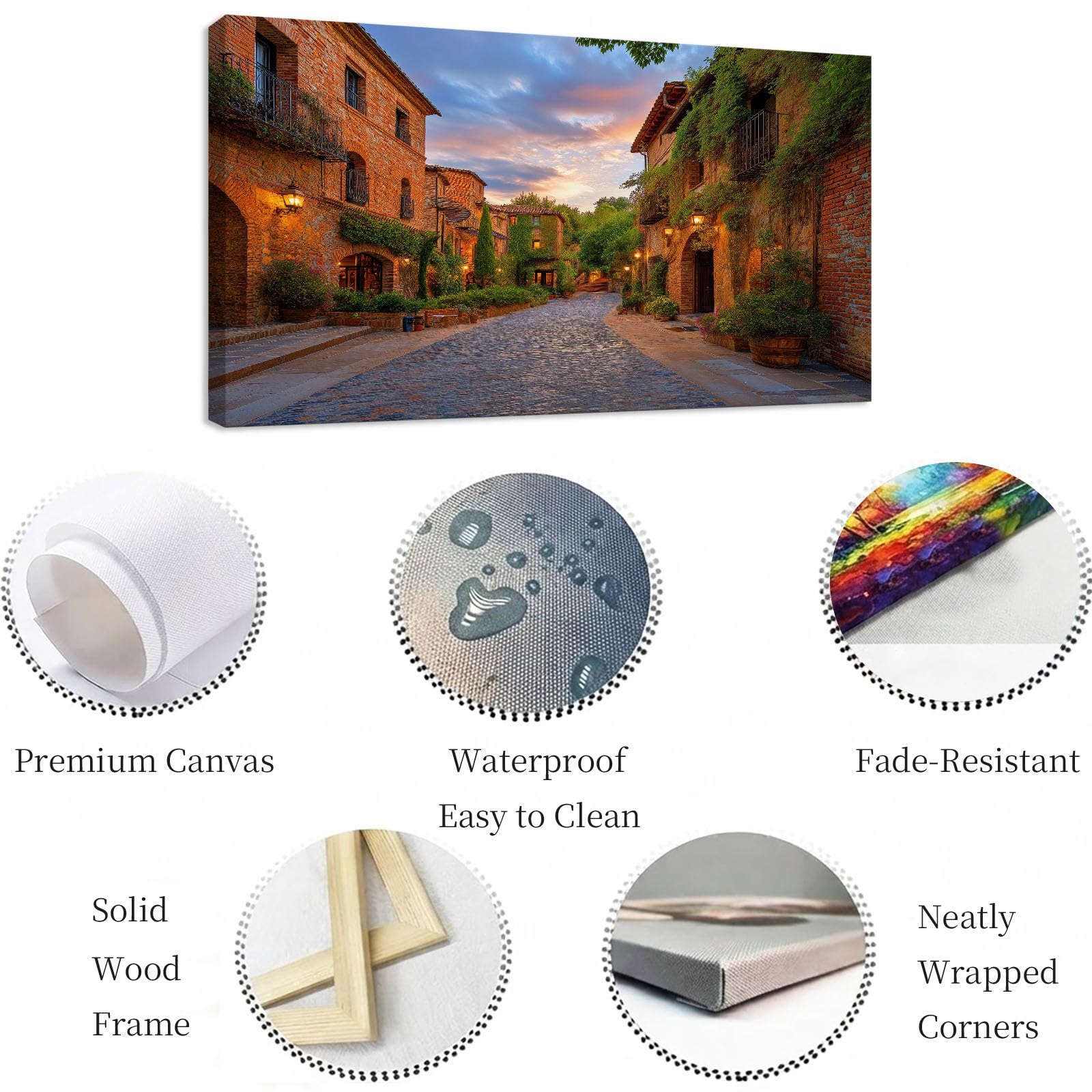 Générique Stampa su tela con cornice in stile country – Quadro dipinto 100 x 70 cm marrone città vicolo casa – Quadro poster decorazione da parete per soggiorno, camera da letto, bagno e ufficio