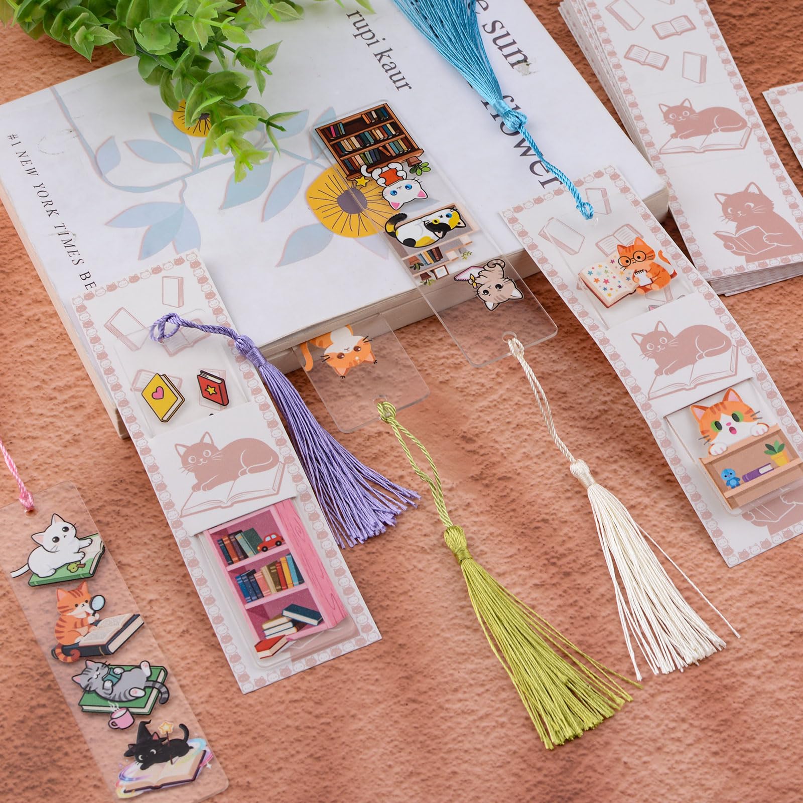 WANDIC 24Pcs Cartoon Cat Book Acrylic Bookmarks with UV DTF Transfer Stickers Handcraft Scrapbooking Supplies with Tassels for Journaling Presents - Image 3