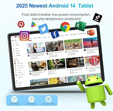 JIMTAB 2K Vivid Tablet, Smooth HD 4K Video 11 Android 14 Tablets, 18GB+128GB Octa Core Gaming Tablet, 3 Camera, Large 9000mAh, Hi-Res Stereo 4 Speakers, Split Screen, Face Recognition (Youth Green)
