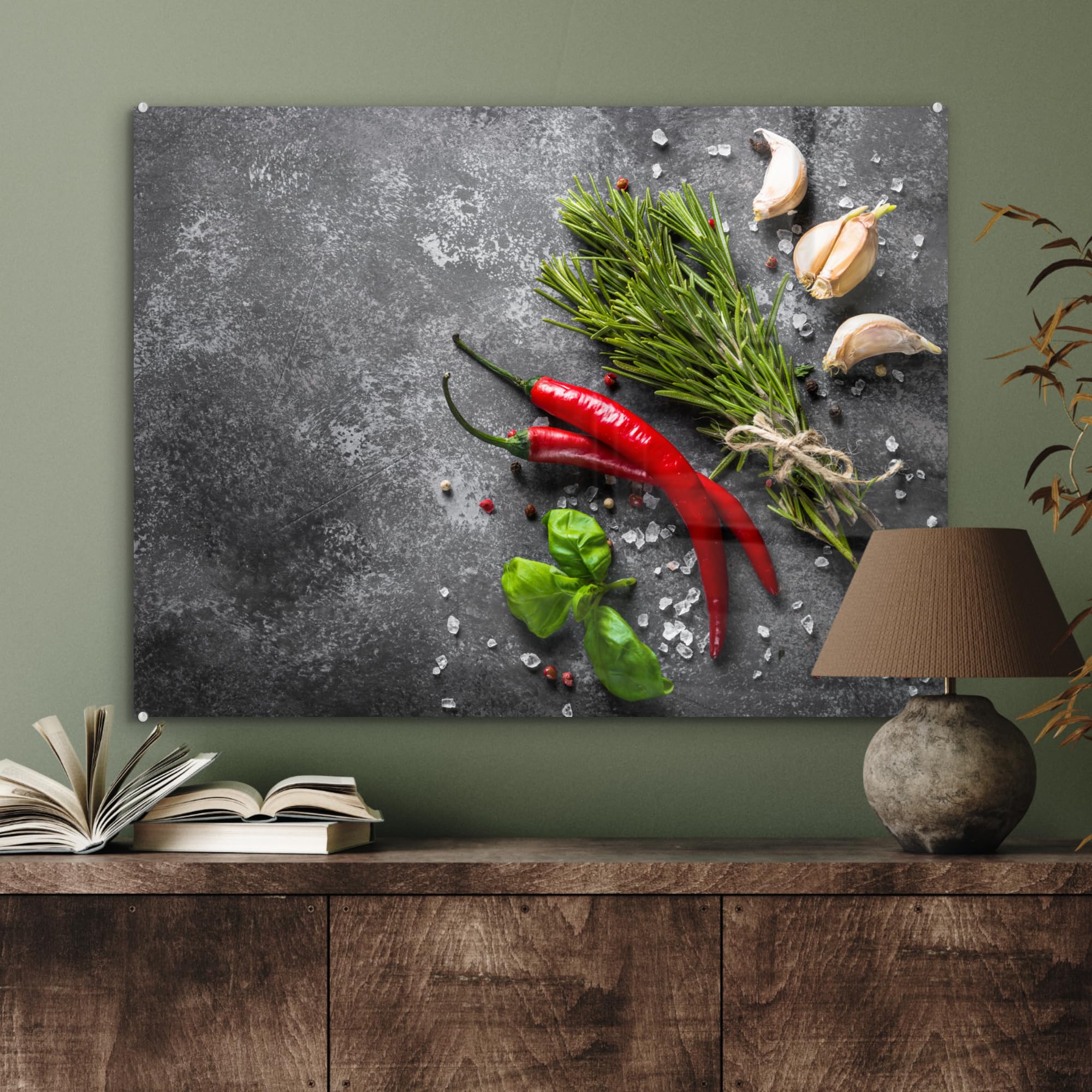 MuchoWow© Quadri Grande Formato 80x60 cm Mini Poster Parete Moderno Interno Stampa Foto Su Vetro Salotto Cornice Murale Arredamento Pepe - Spezie - Cemento - Erbe