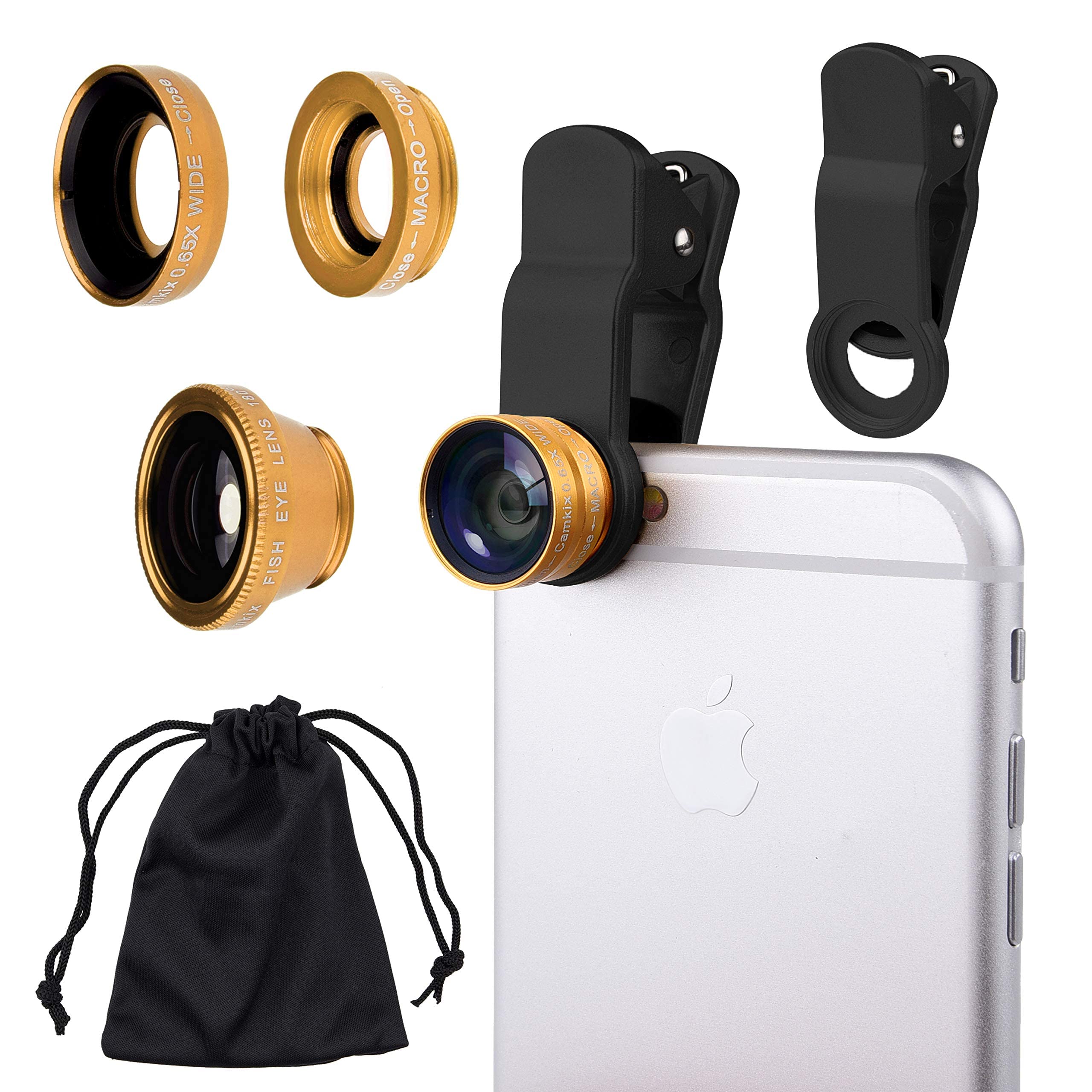3 in 1 Universal Cell Phone Camera Lens Kit 180° Fish Eye Lens/0.67X Wide Angle Lens/25X Macro Lens/Lens Clip Compatible with iPad iPhone Samsung Android and Most Smartphones (Gold)