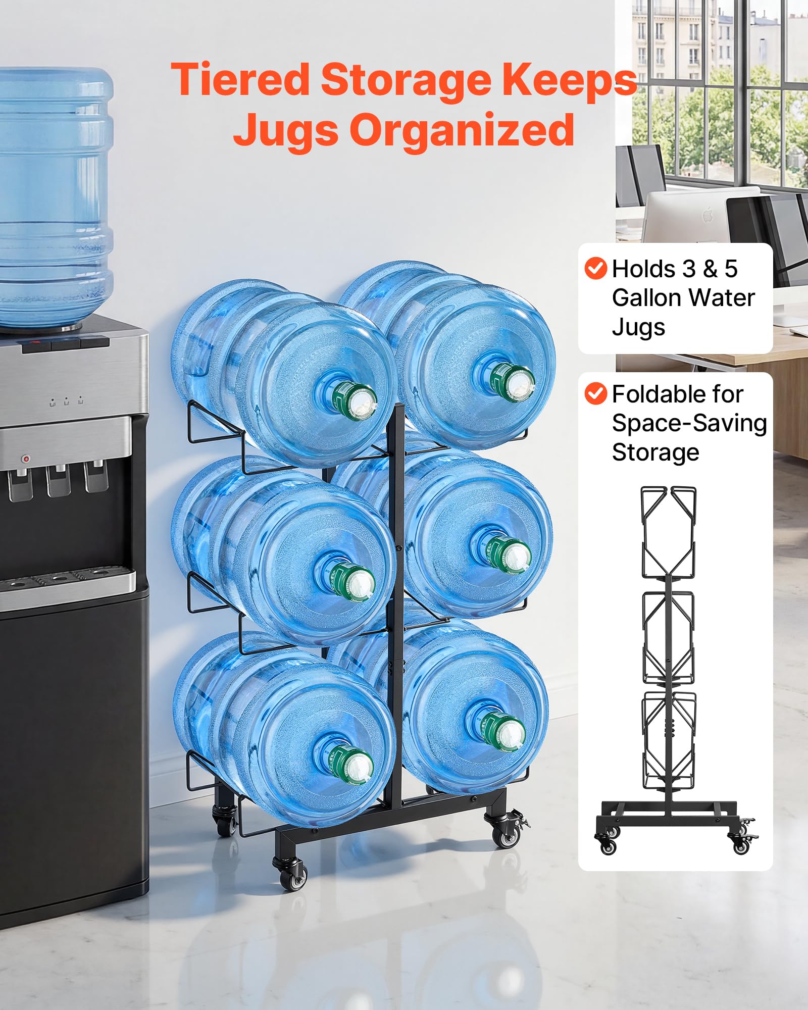 VEVOR Estante para Garrafas de Agua, Soporte para Botellas Grandes de Agua, 3 Niveles para 6 Botellas, Compatible con Jarras de 11 L y 19 L, con Ruedas con Freno, Plegable para Oficina Cocina Hogar