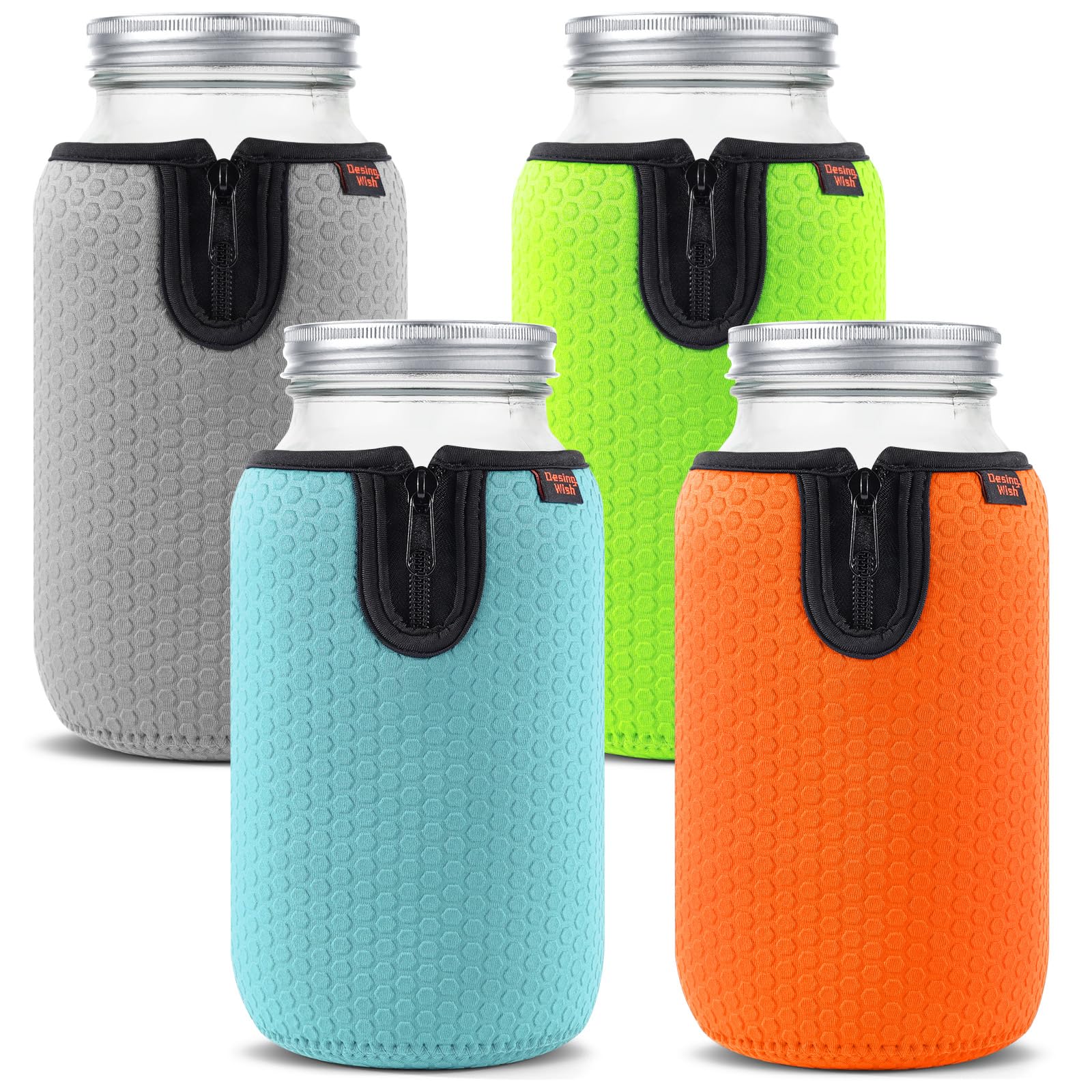Photo 1 of Desing Wish 64 oz Wide Mouth Mason Jar Neoprene Sleeve, 64oz Non-slip Cozy Insulated Glass Jars Protector Holder Sleeves 4.3 x 7.5 Inches - 4 Pack (Orange/Green/Cyan/Grey)