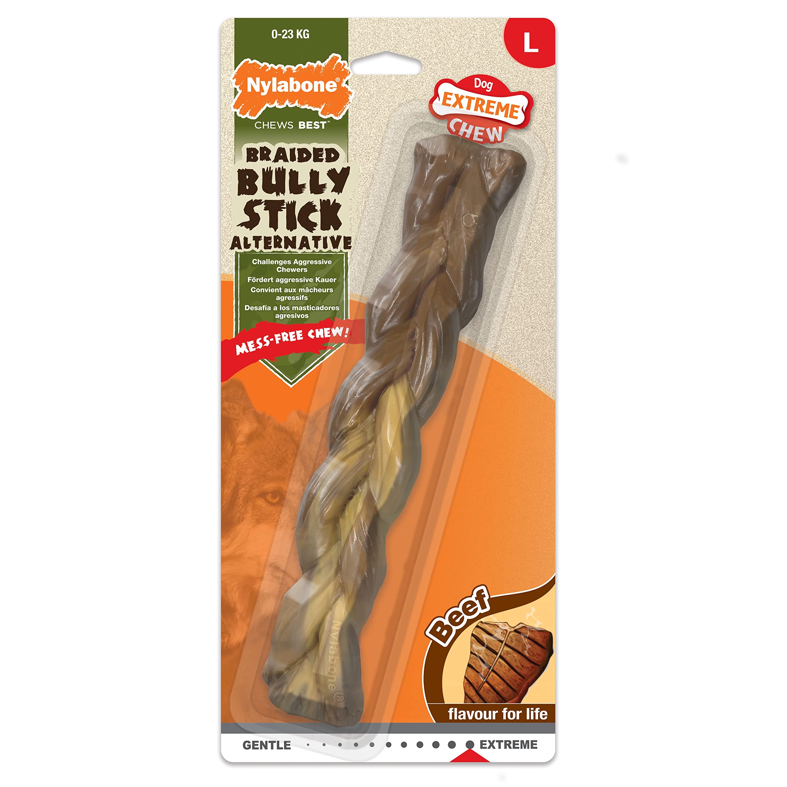 Nylabone Juguete Masticable En Forma de Hueso para la Higiene Dental de Perros con Mordida Agresiva, Forma de Nervio de Buey Trenzado, Sabor A Ternera, para Perros Adultos de hasta 23 Kilos