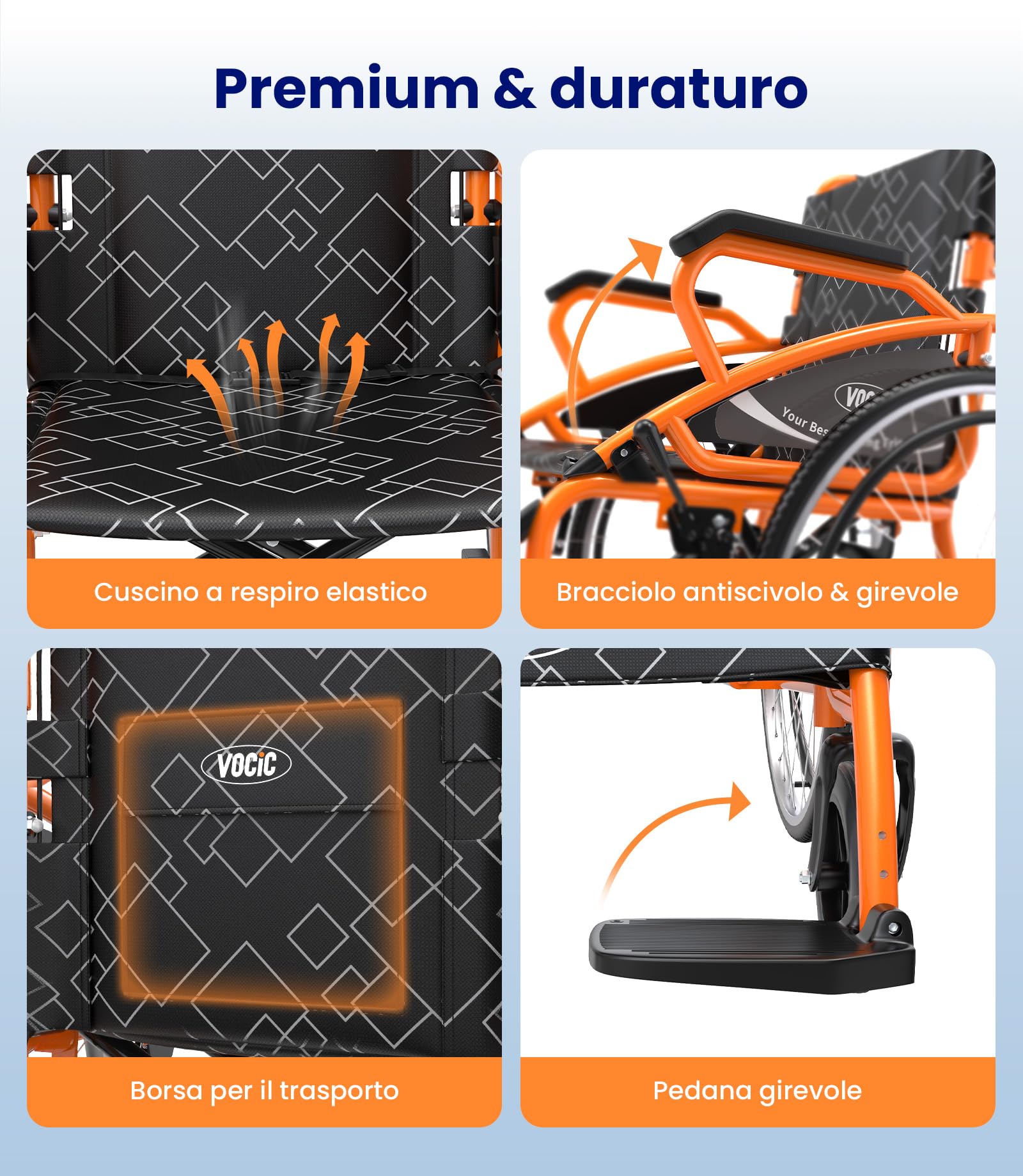 VOCIC U31 - Sedia a rotelle pieghevole leggera, per trasporto fino a 150KG, design a doppia frenata, sedia a rotelle autospinta per anziani (17,5kg), sedia a rotelle da viaggio con ruota posteriore