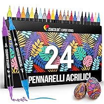 Zenacolor Pennarelli Acrilici a Doppia Punta (Fine e a Pennello) – 24 Colori per Diverse Superfici e Opere d’Arte – Pennarelli Acrilici per Dipingere Sassi