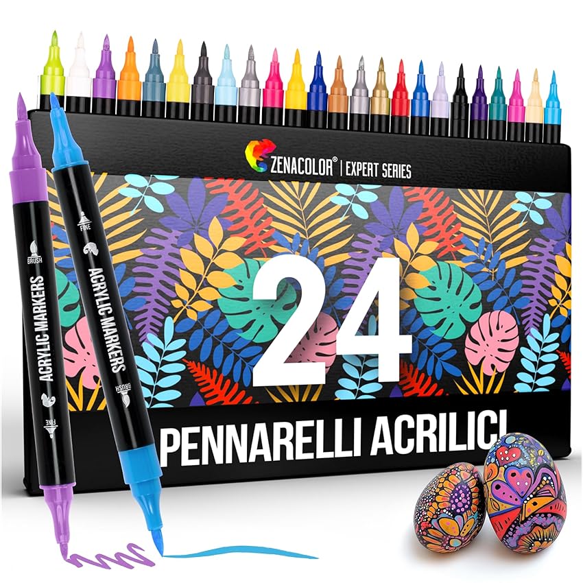 Zenacolor Pennarelli Acrilici a Doppia Punta (Fine e a Pennello) - 24 Colori per Diverse Superfici e Opere d'Arte - Pennarelli Acrilici per Dipingere Sassi