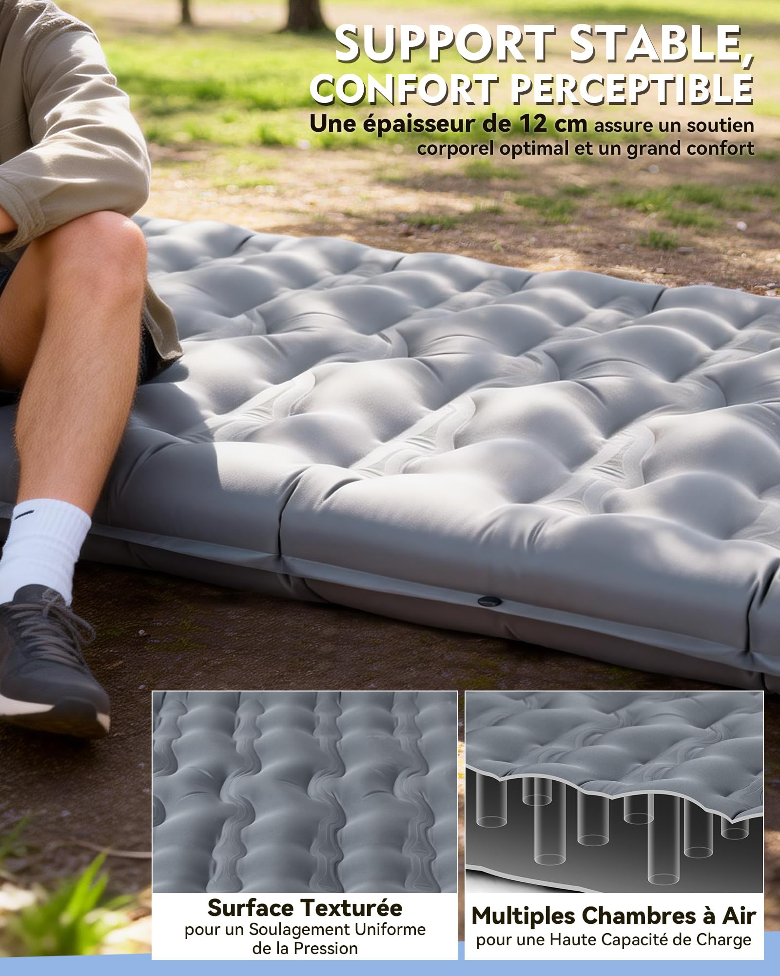 Matelas Camping Autogonflant 1 Personne 12 cm HIKENTURE avec Oreiller Intégré et Pompe à Pied - Gris