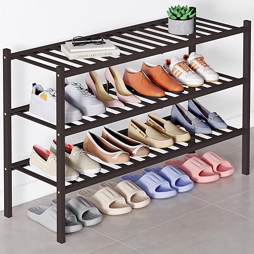 Miniatura 7 de Smiry Zapatero de bambú para clóset, organizador de zapatos apilable de 4 niveles largo de madera, estante de almacenamiento de zapatos Negro