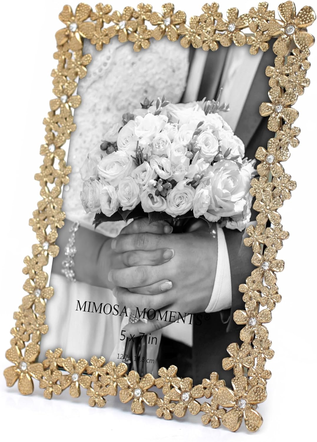 MIMOSA MOMENTS 5x7 Brass-Tone Floral Metal Picture Frame with Rhinestones, Decorative Tabletop Photo Frame for Wedding, Anniversary, Birthday Gift, Home Décor