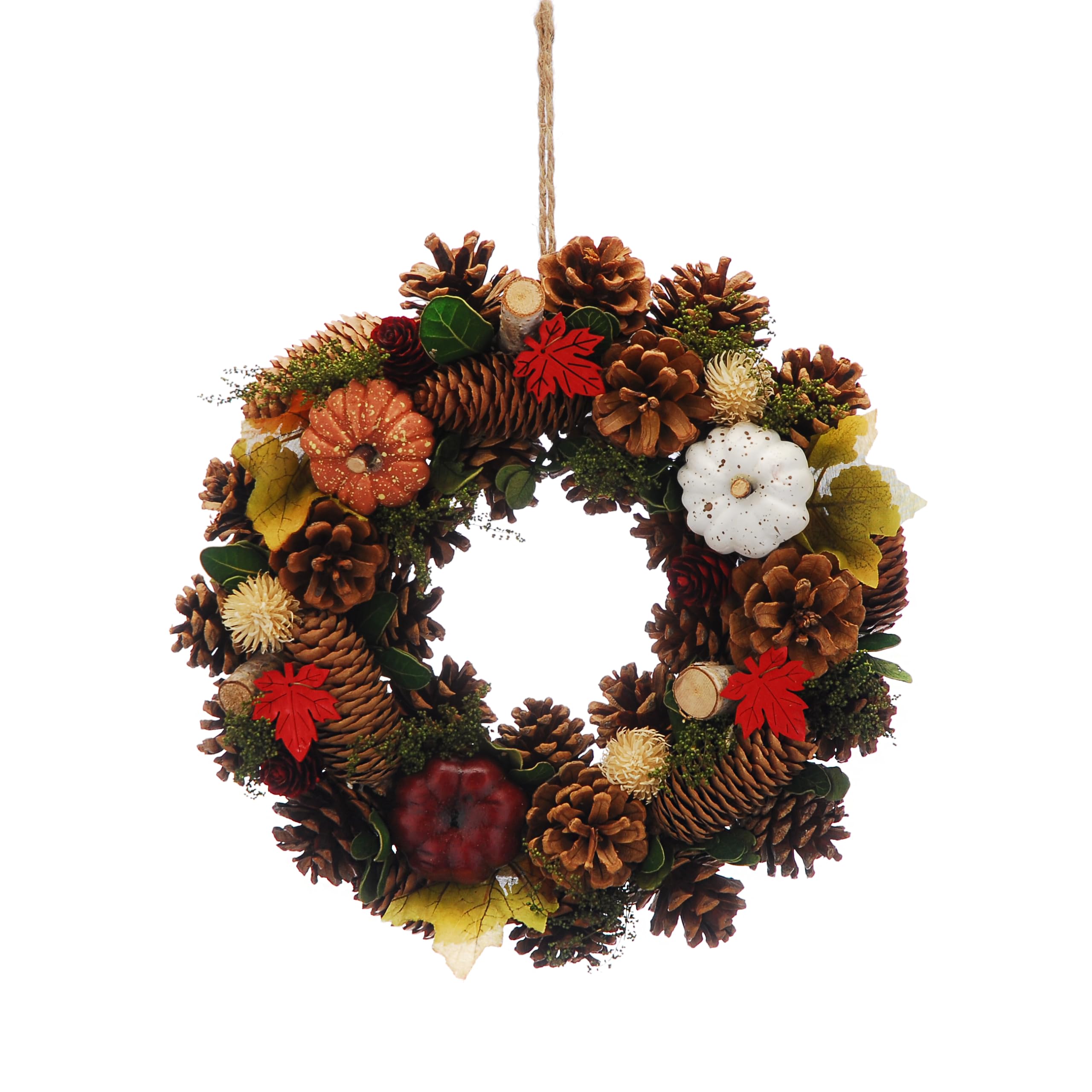 Festive 30cm Autumn Wreath with White Pumpkin, Red Crab Apple and Maple Leaves – Rustic Hanging Decoration for Harvest, Halloween or Autumnal Displays