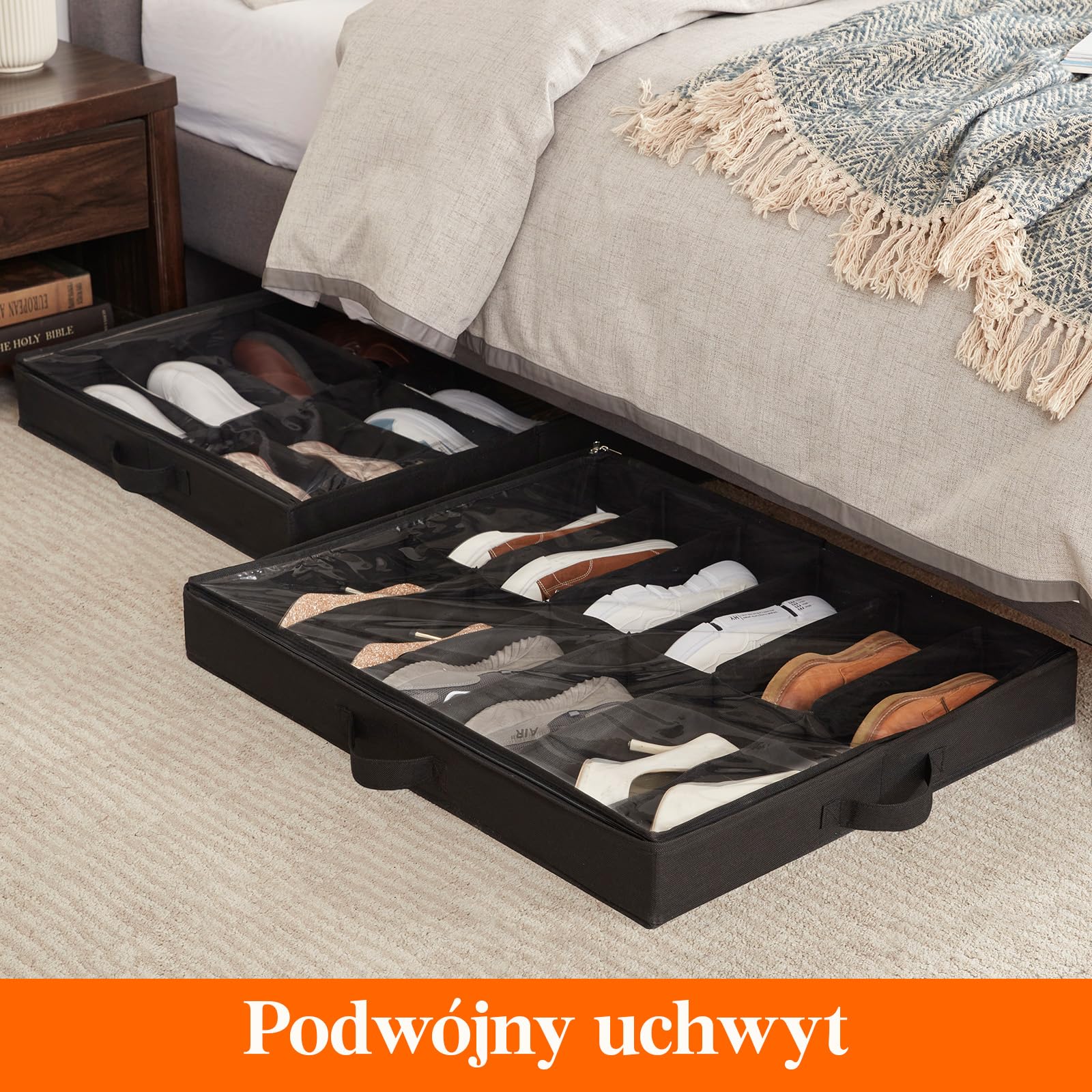 Lifewit Organizer na Buty z Przezroczystym Okienkiem, Składana Torba do Przechowywania z Uchwytem Pod Łóżko, Shoe Storage Box, Czarny, 2 x 12 Par, Zestaw 2 Sztuk