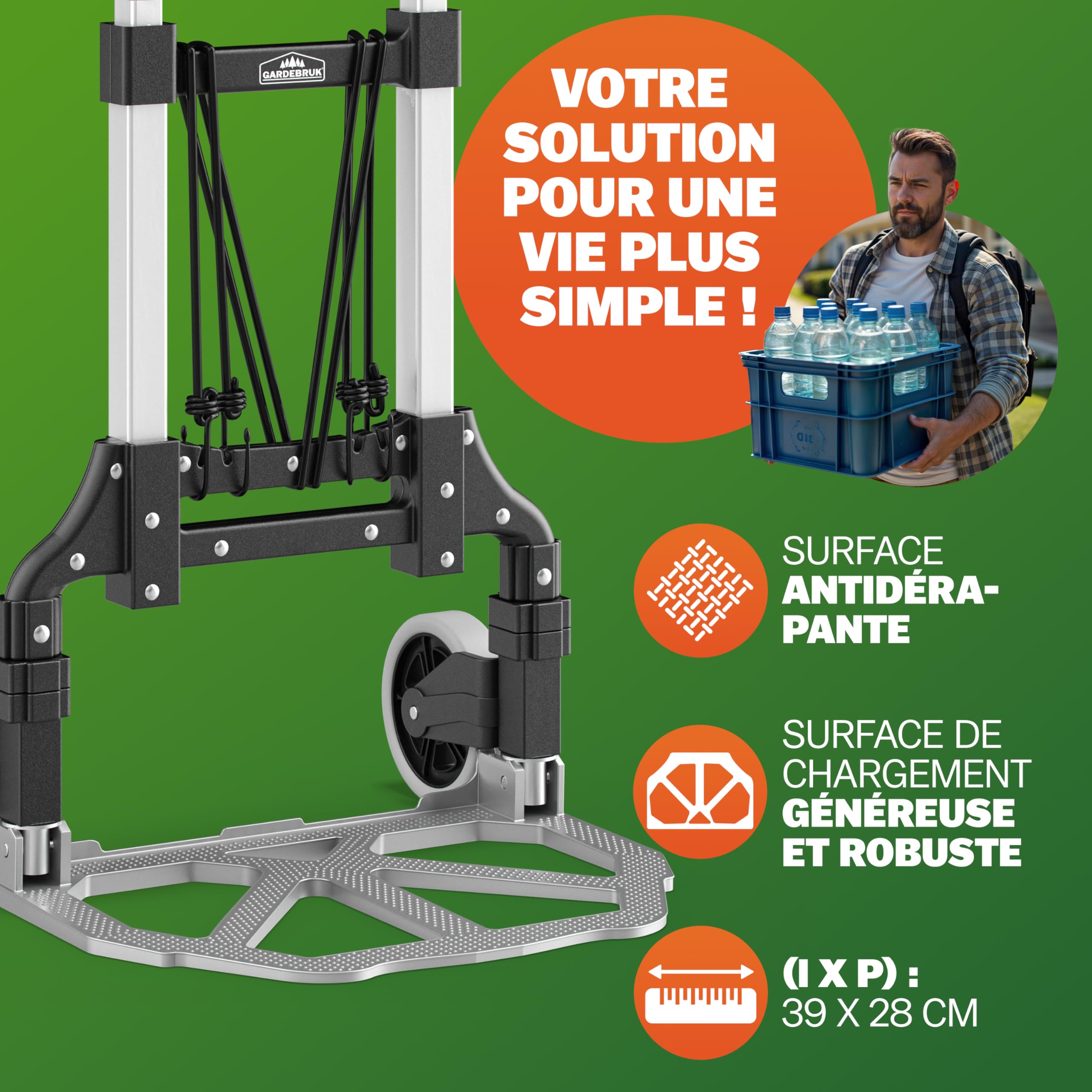 GARDEBRUK® Diable Aluminium Pliable 80kg Roues Pleines increvable Gants 2 tendeurs Chariot de Transport Diable déménagement Chariot Pliant manutention