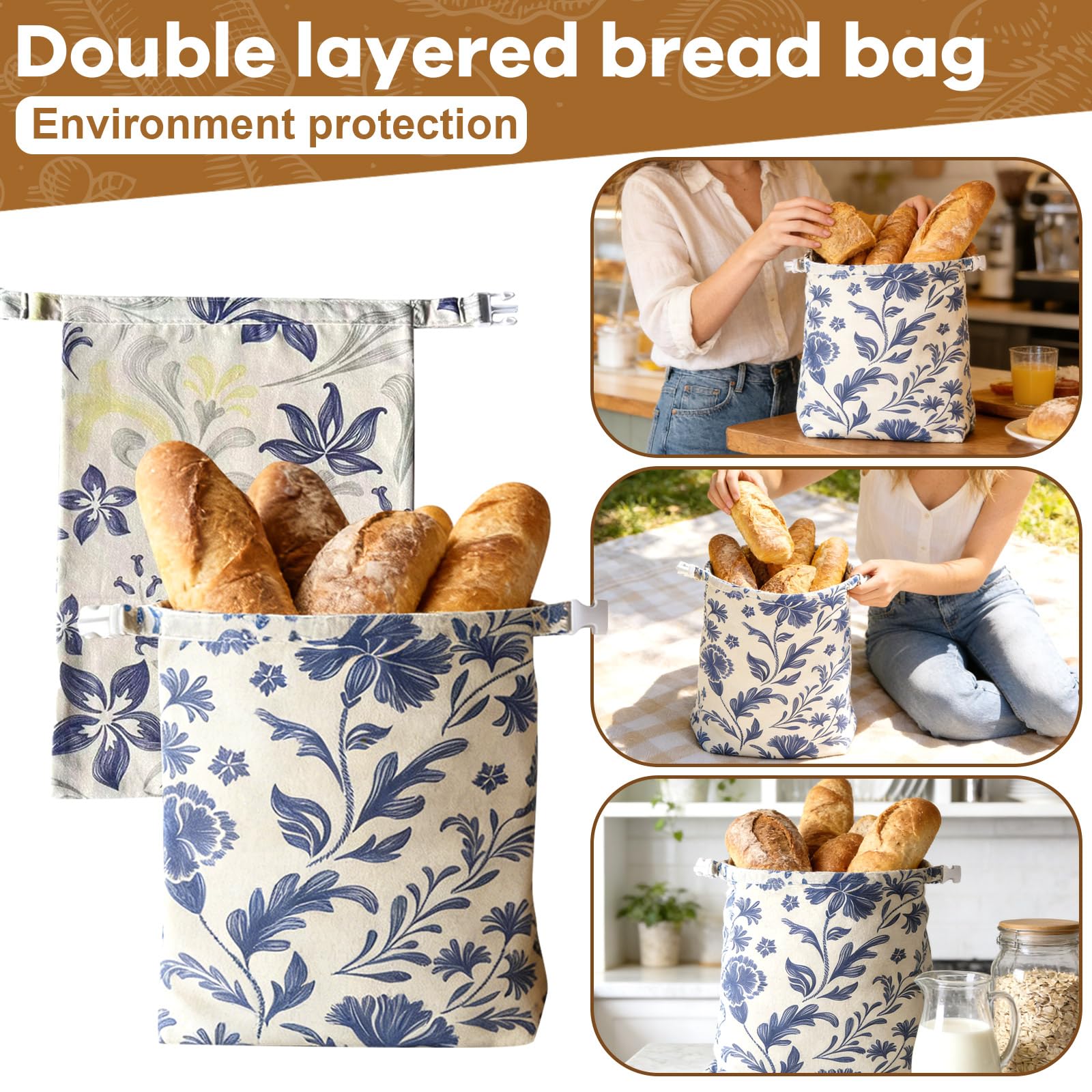 Wiederverwendbare Brottasche XL mit blauem Blumenmuster, 30,5 x 43,2 cm, Bienenwachs-Alternative für Sauerteigbrot, Baumwollleinen, umweltfreundliche Lebensmittelaufbewahrung, hält Brot länger frisch