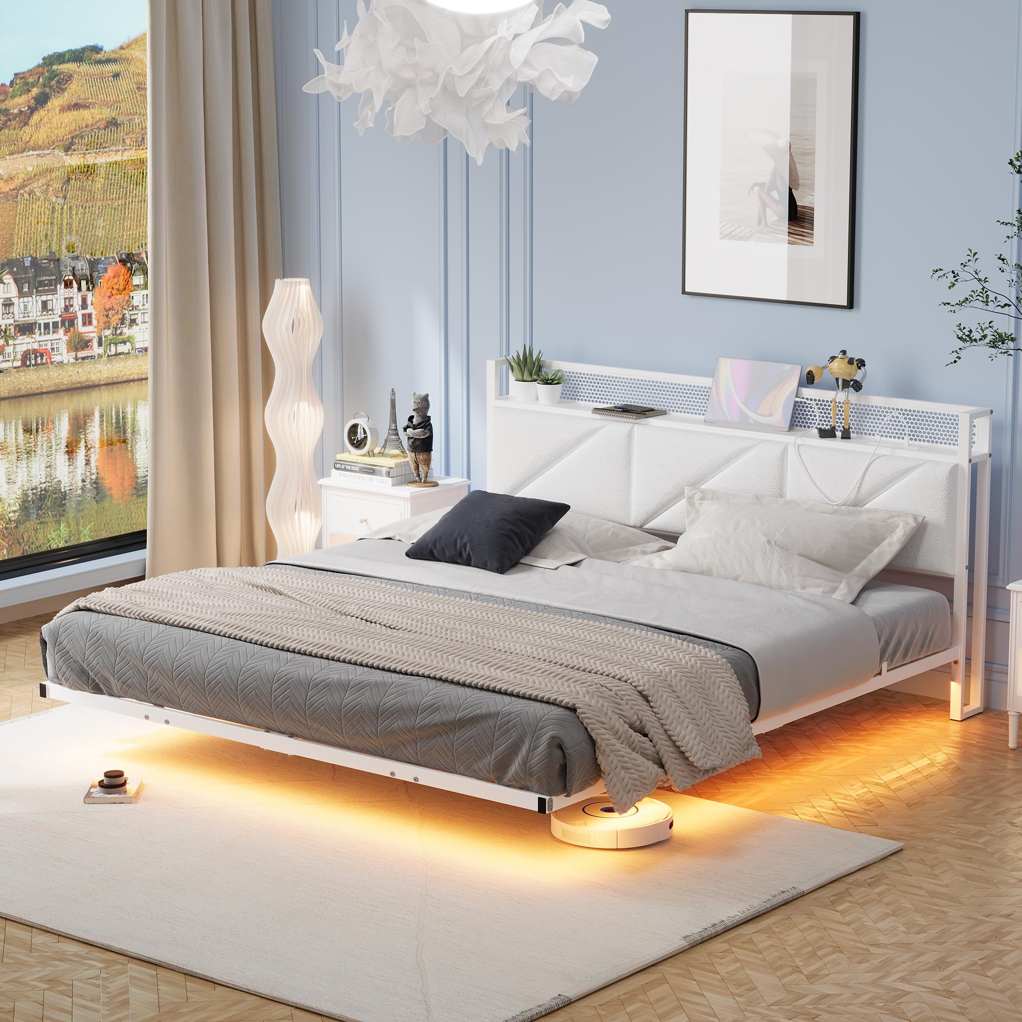Floating King Bed Frame with LED Lights & USB Charging Station, 150x200cm Metal Platform KingBed Frame with 5ft Upholstered Headboard Storage,Heavy Duty Metal Slats, Noise Free,White
